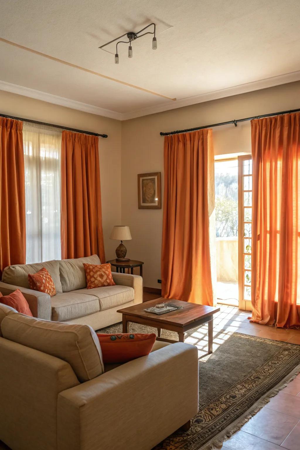 Orange window coverings beautifully balanced with pale decor.