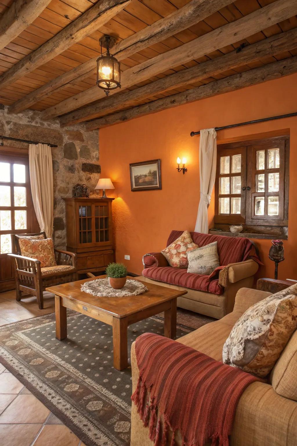 An earthy living space with orange walls and timber furniture creating an inviting refuge.