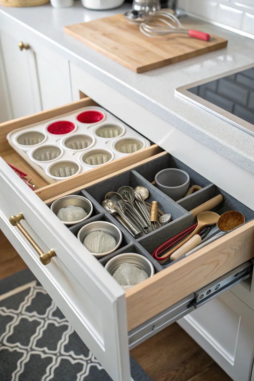 Drawer dividers maintain items neatly arranged and easily accessible.