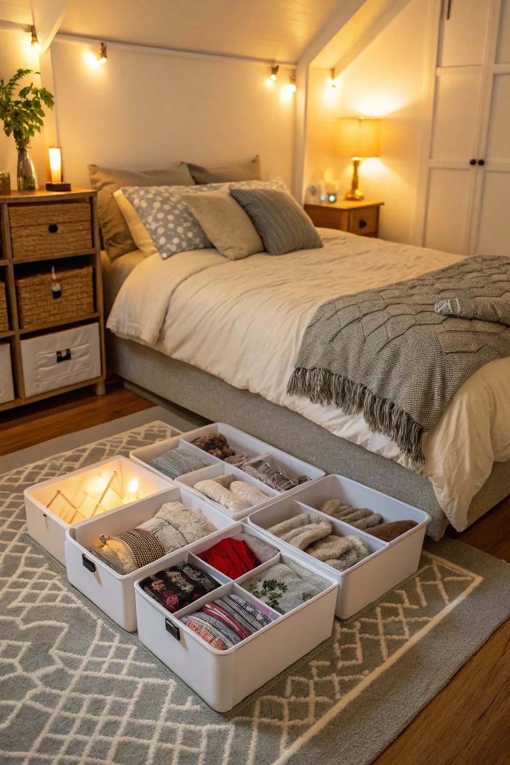 Utilize the area under your bed for out-of-sight storage.
