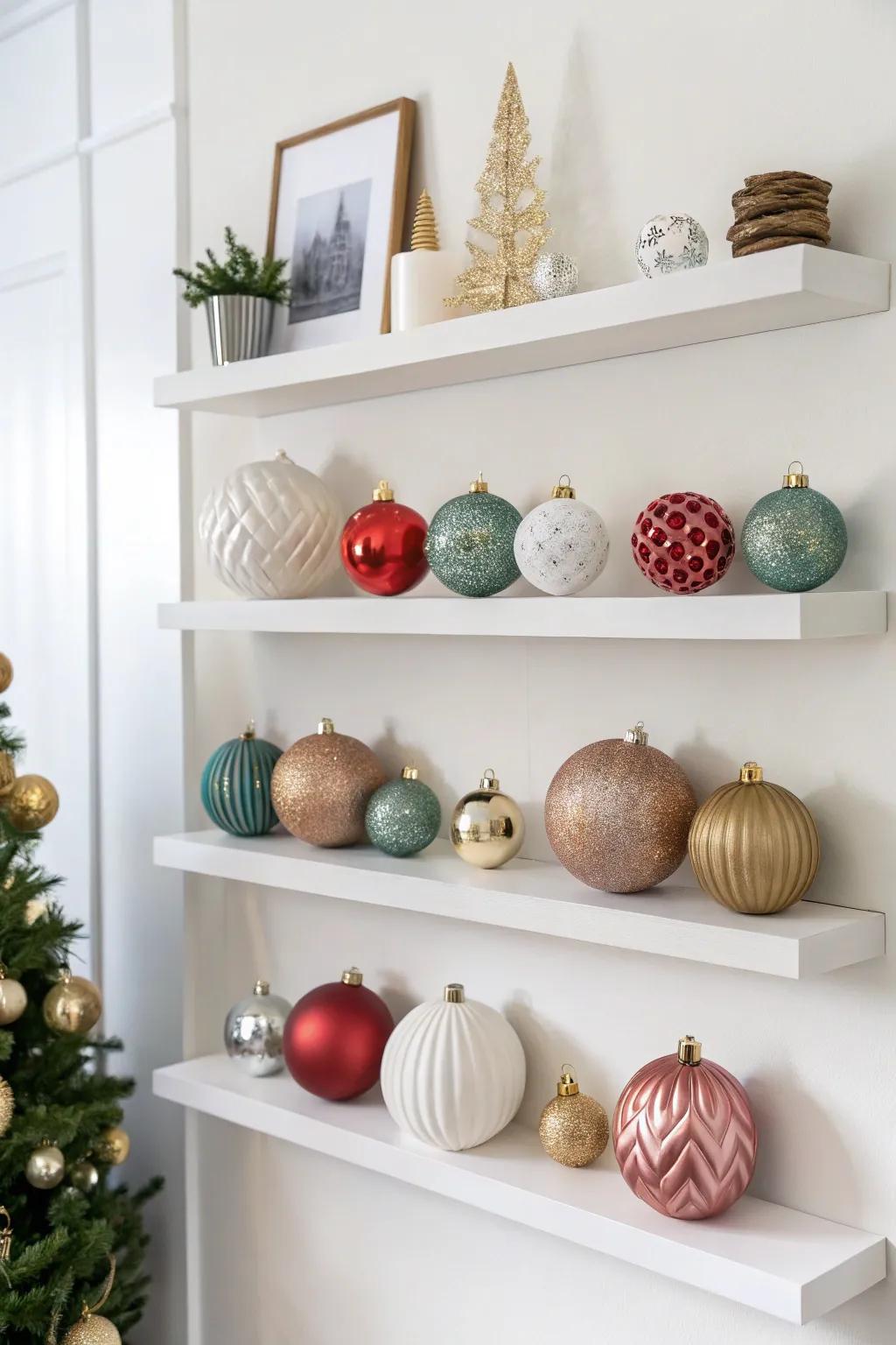 Elevated ledges exhibiting an array of ornaments in a tiered arrangement.