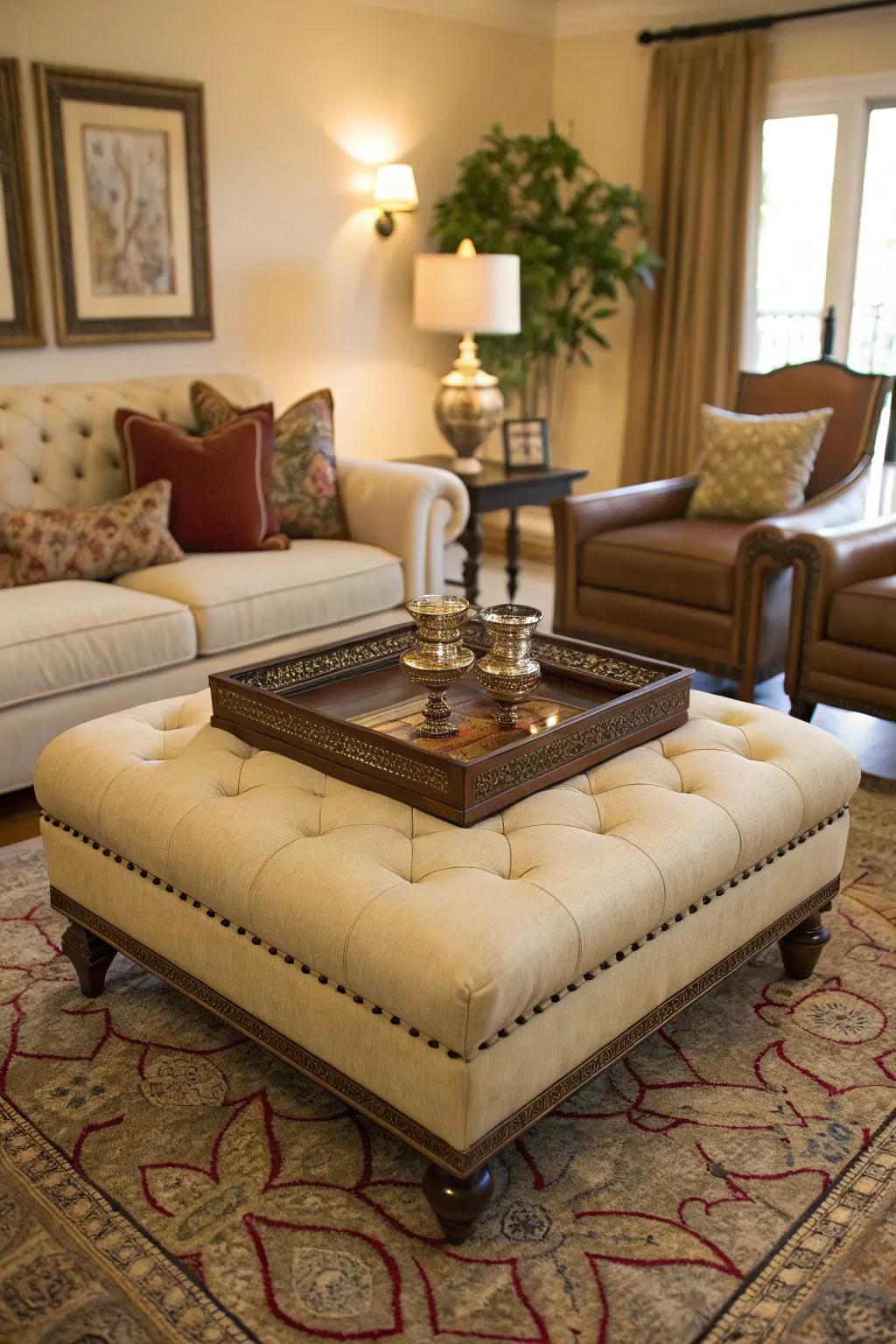A versatile ottoman acts as a surface with the addition of a decorative plate.