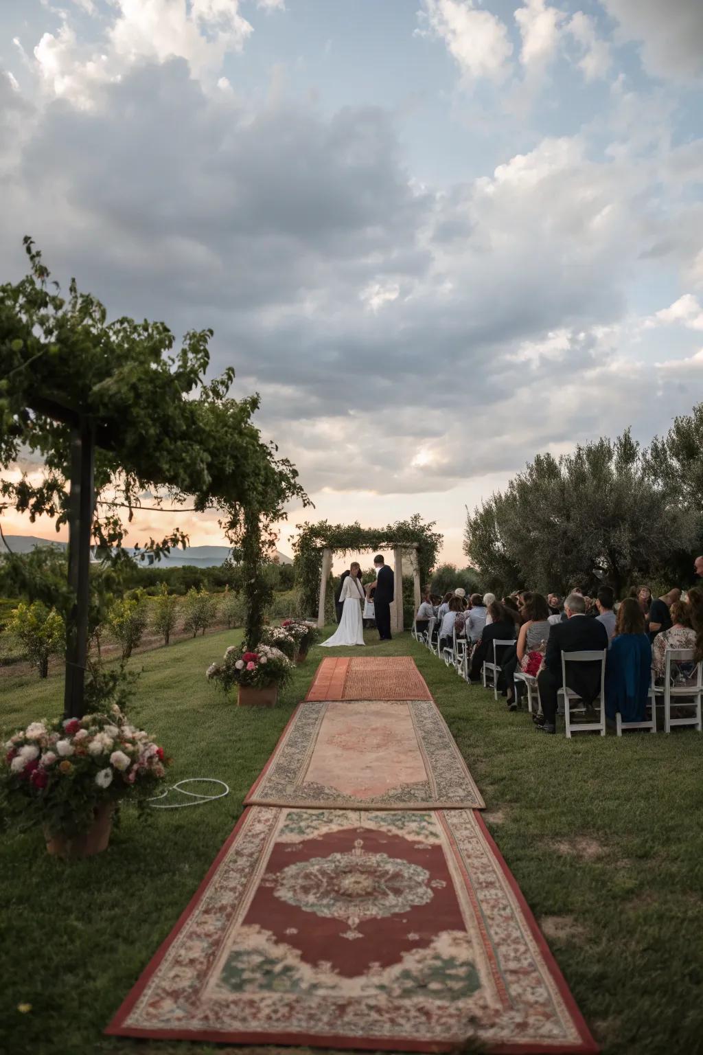 An enchanting route of timeworn floor coverings directing towards the wedding sanctuary.