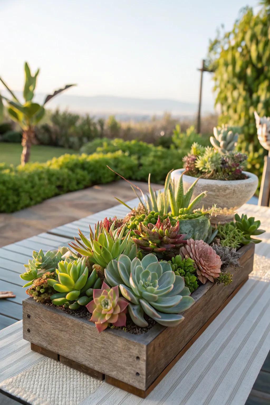 Succulents provide a contemporary and low-maintenance focal point option.