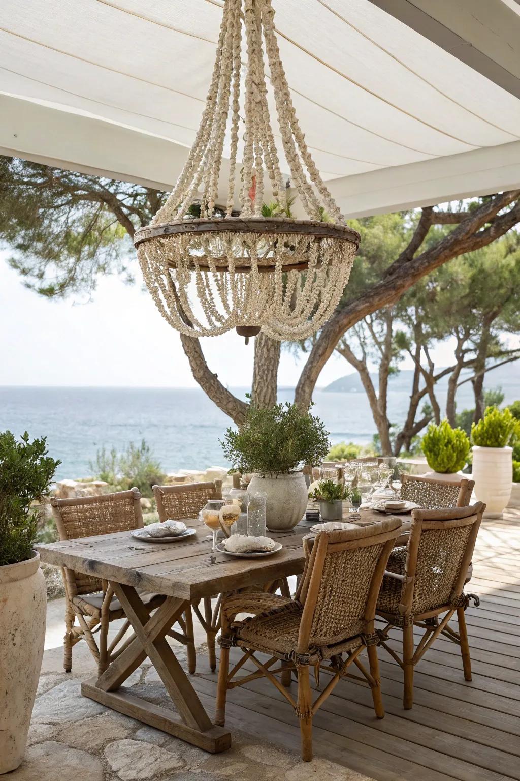 Convey coastal vibes to your outdoor space using a maritime chandelier.