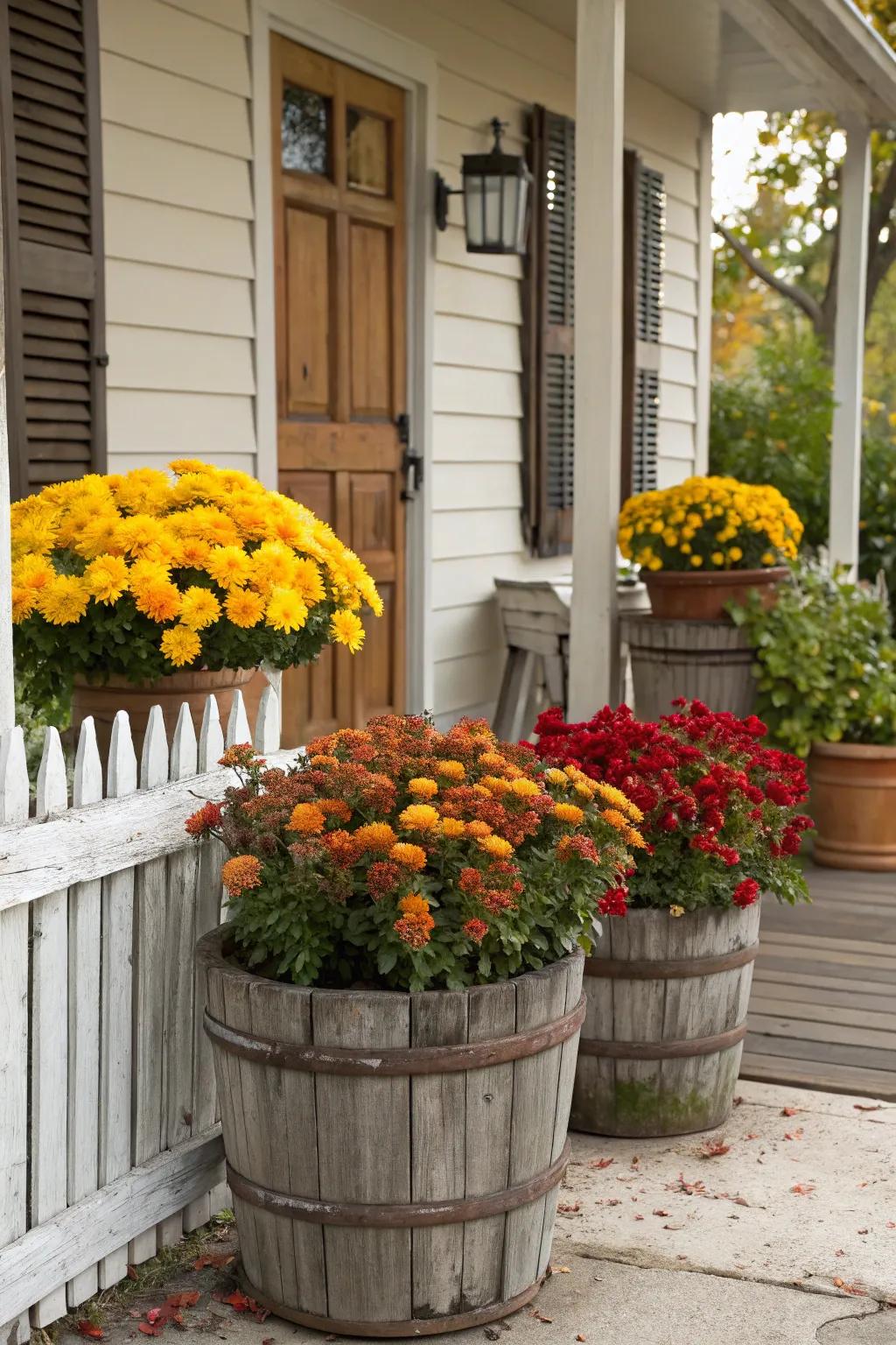 Garden mums showcased in countryside-inspired containers inject a burst of autumnal color.