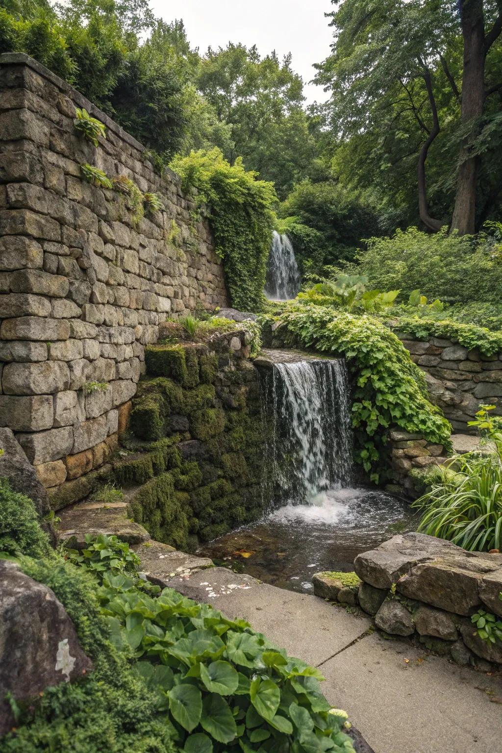 A stone wall waterfall imparts a peaceful vibe to any outdoor area.