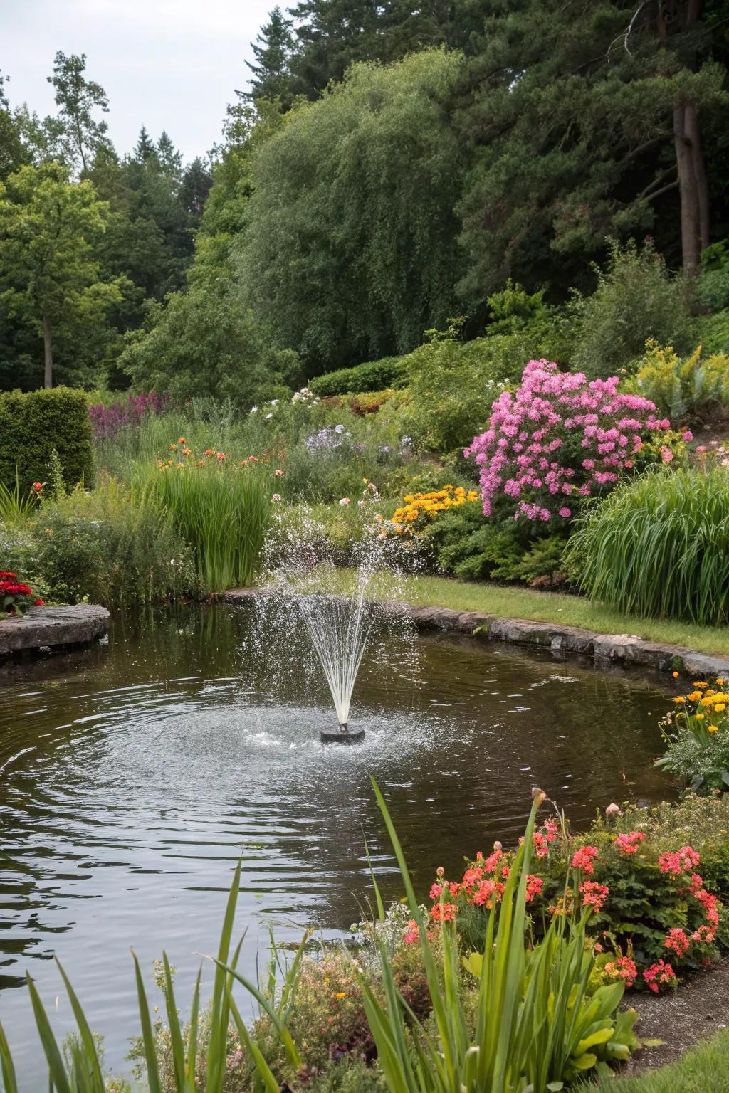 A compact pond featuring a fountain, bordered by colorful flora.