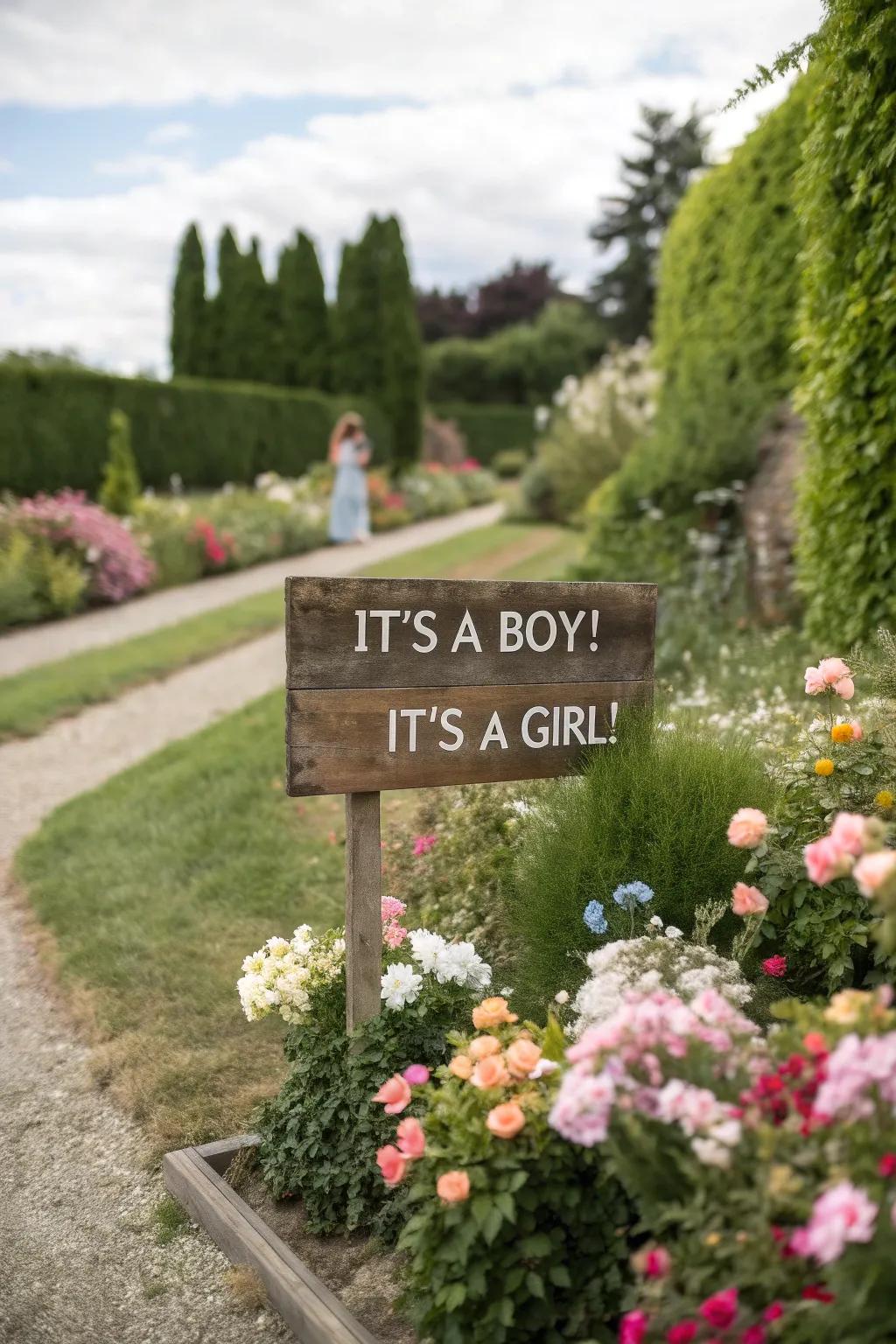 A personalized garden sign includes a warm touch to the reveal.