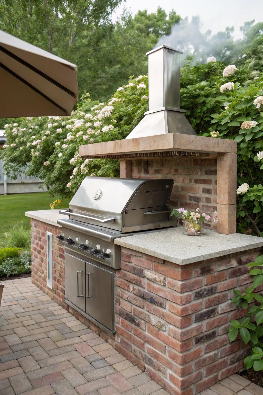 Brick arrangements introduce rustic allure to outdoor kitchens.