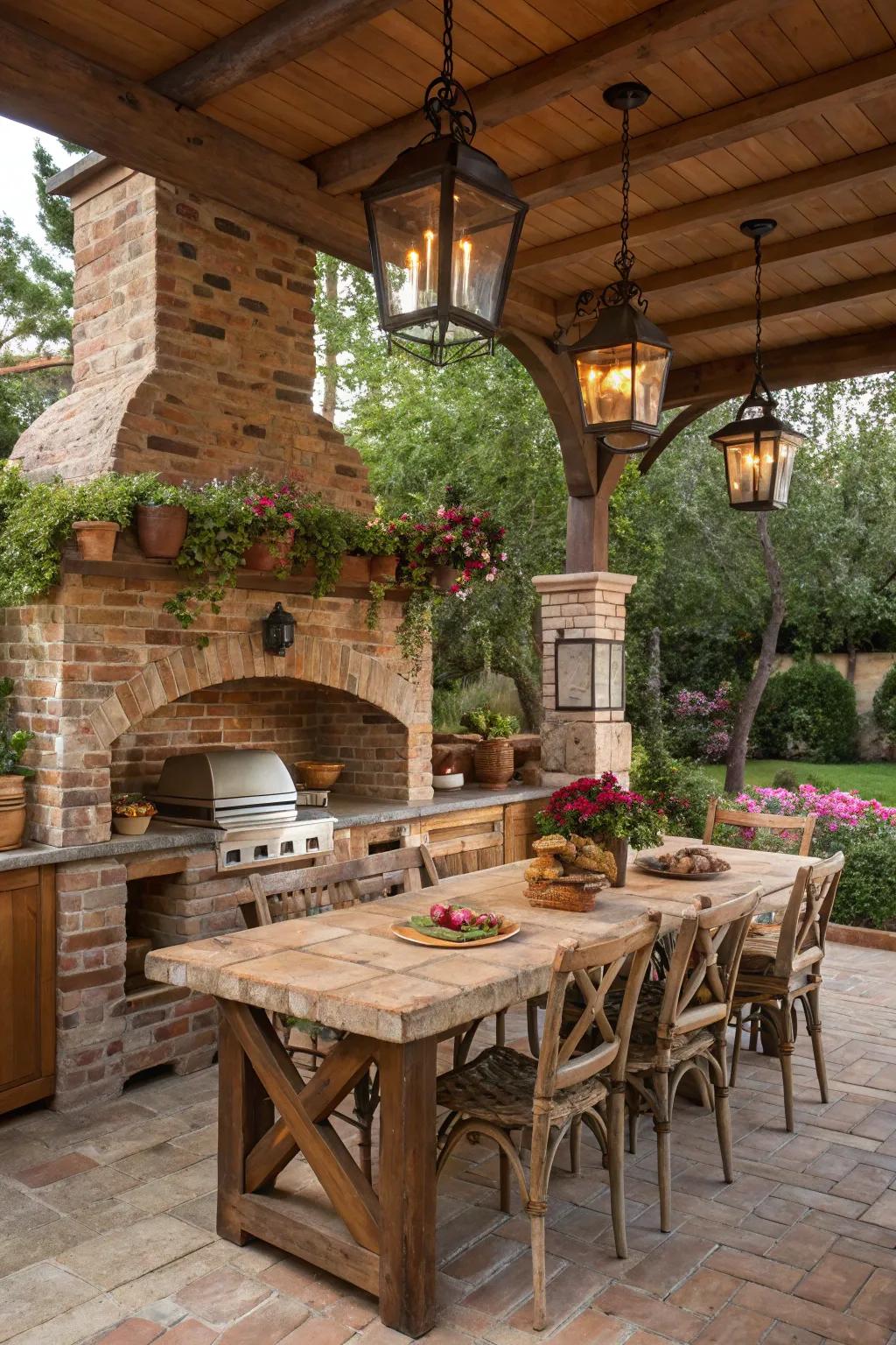 Brick backsplashes contribute a hint of classic charm and coziness to outdoor kitchens.