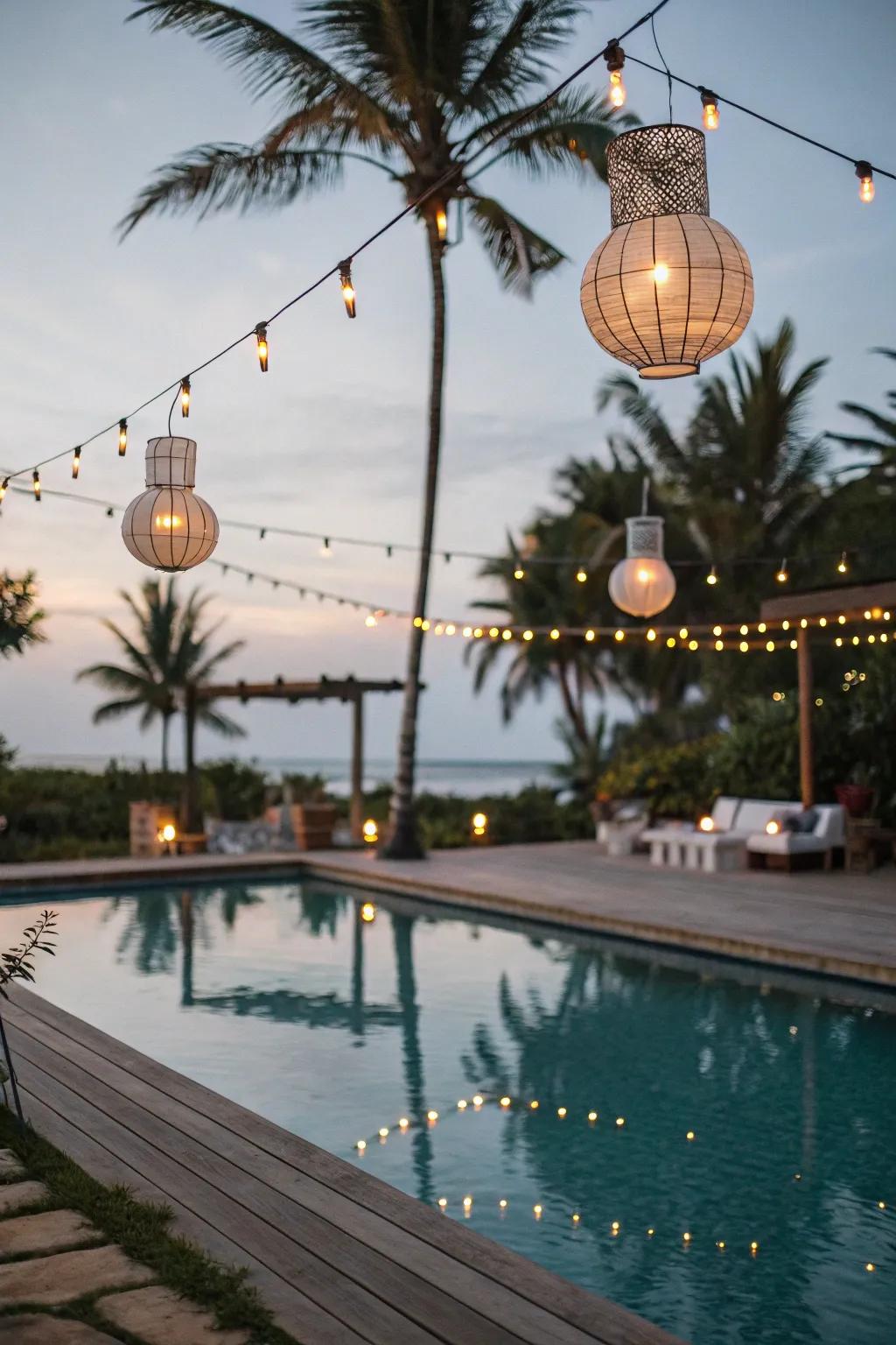 Lamps and string lights append charm and festivity to any poolside gathering.