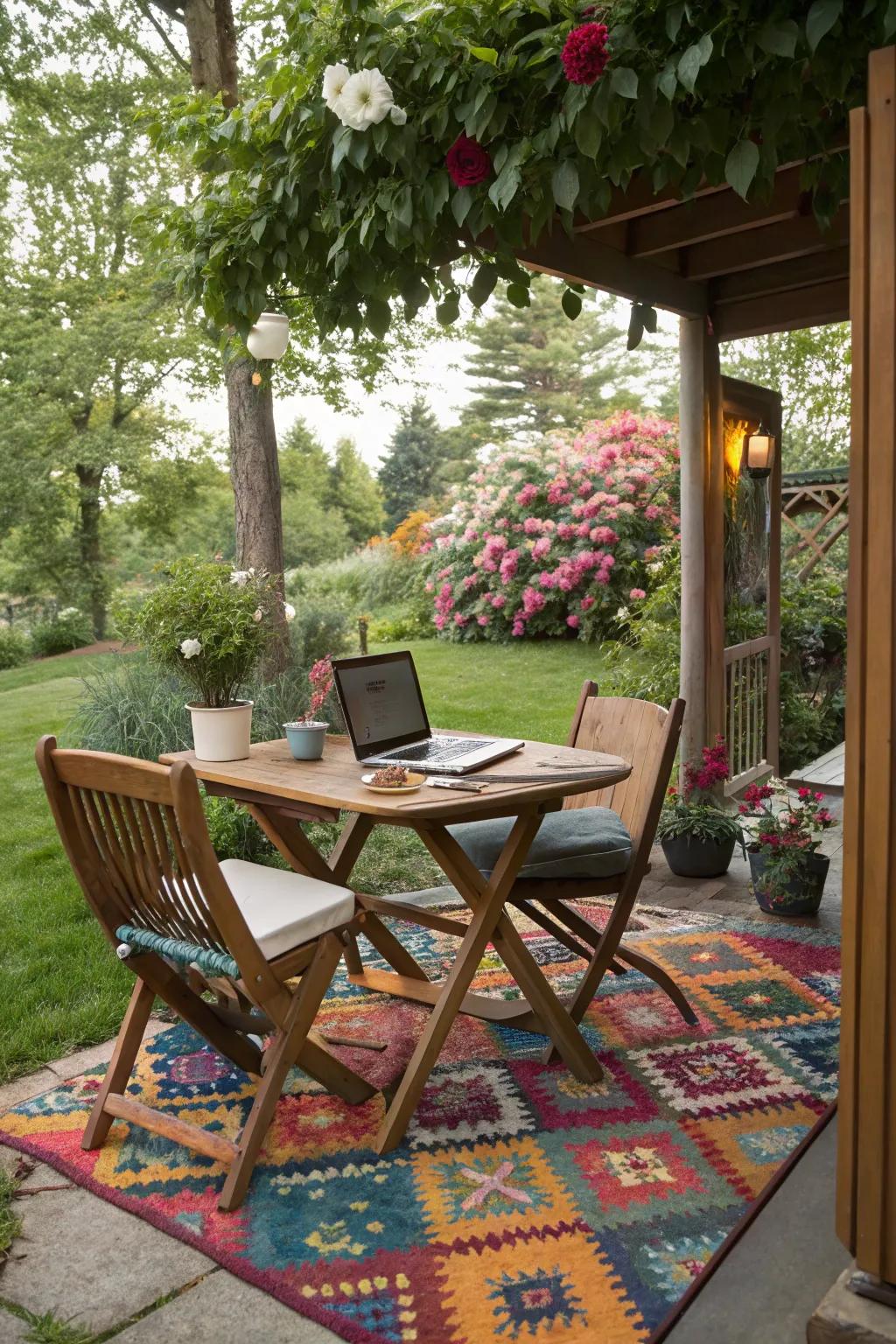 An inviting rug adds warmth and flair to your outdoor office.