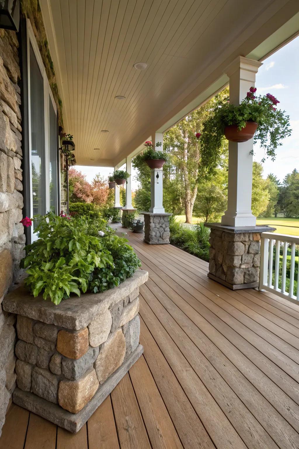 Timber and stone elements establish a harmonious bond with nature on this porch.