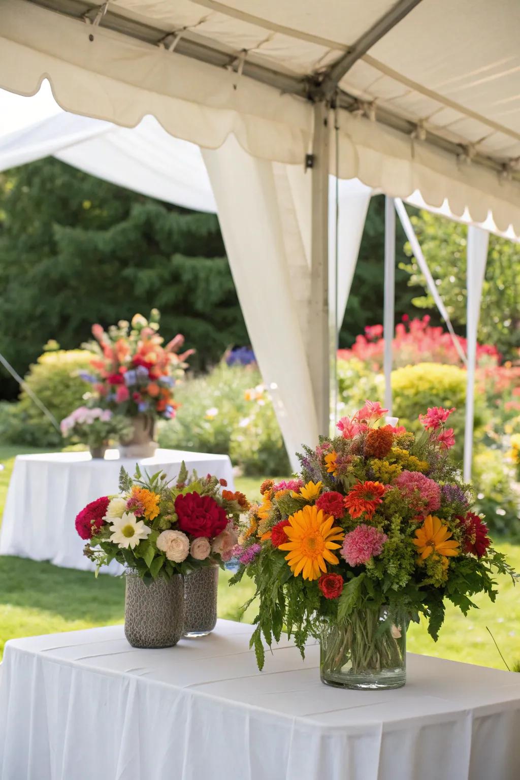 Floral setups infuse the allure of the outdoors into the tent.