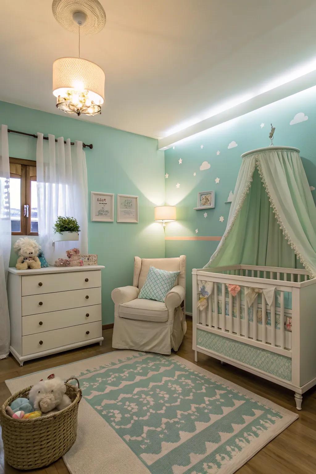 Soft, calm hues create a serene and peaceful nursery environment.