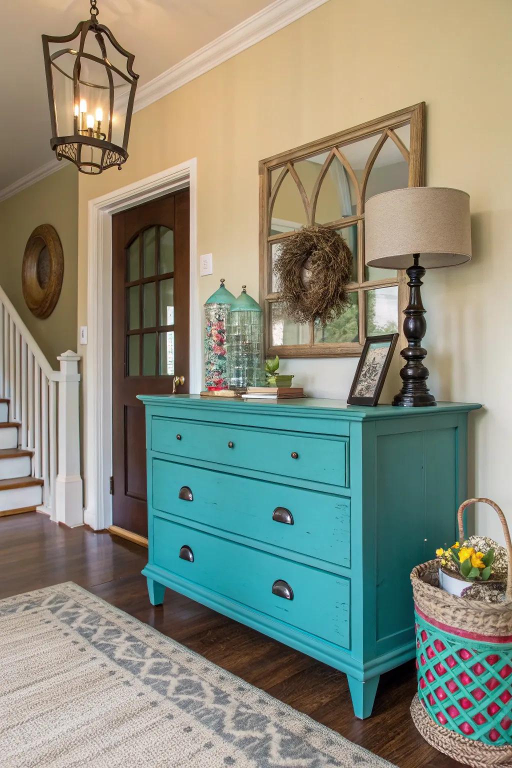A strong blue-painted chest makes an impressive foyer statement.