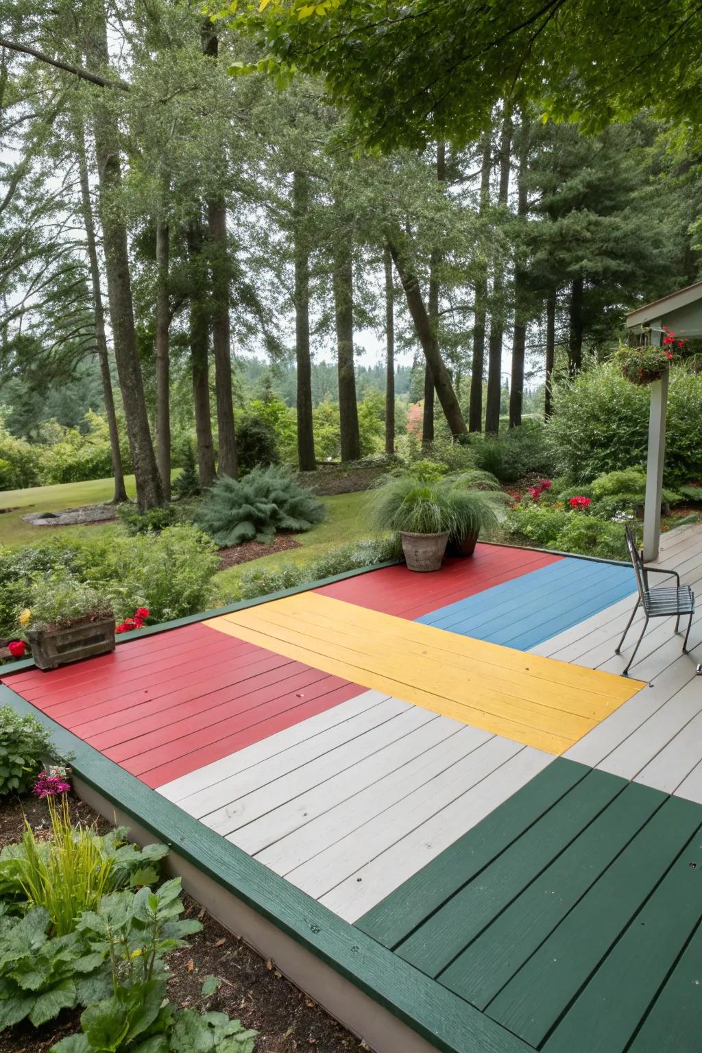 A deck showcasing bold color sections, creating a lively and dynamic outdoor space.