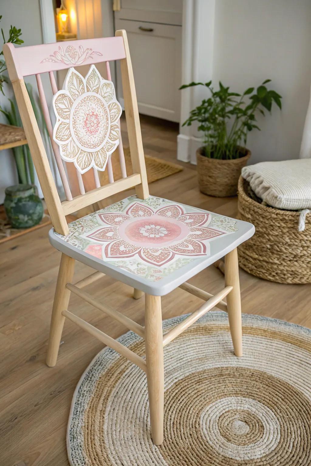 Introduce a hint of boho charm to your space with this exquisitely painted circular motif seat.