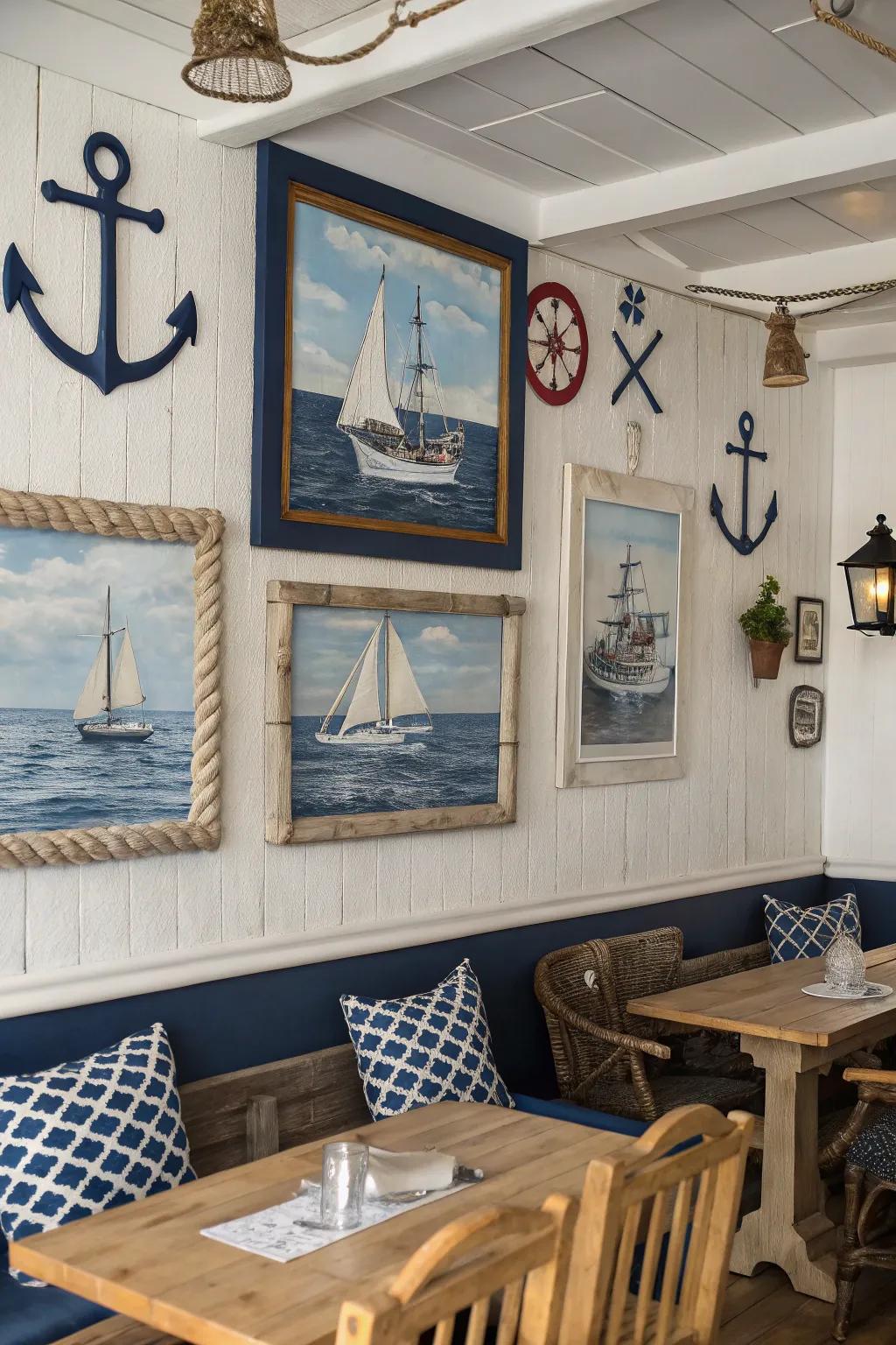Coastal-themed room with coordinated framed paintings.