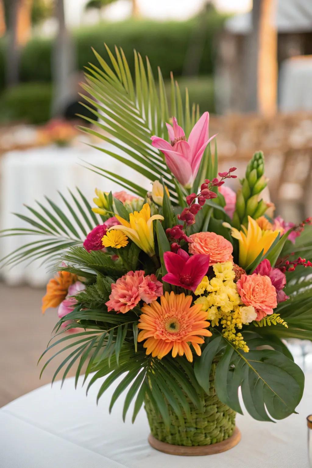 A vibrant ensemble of tropical flowers and verdant palm accents.