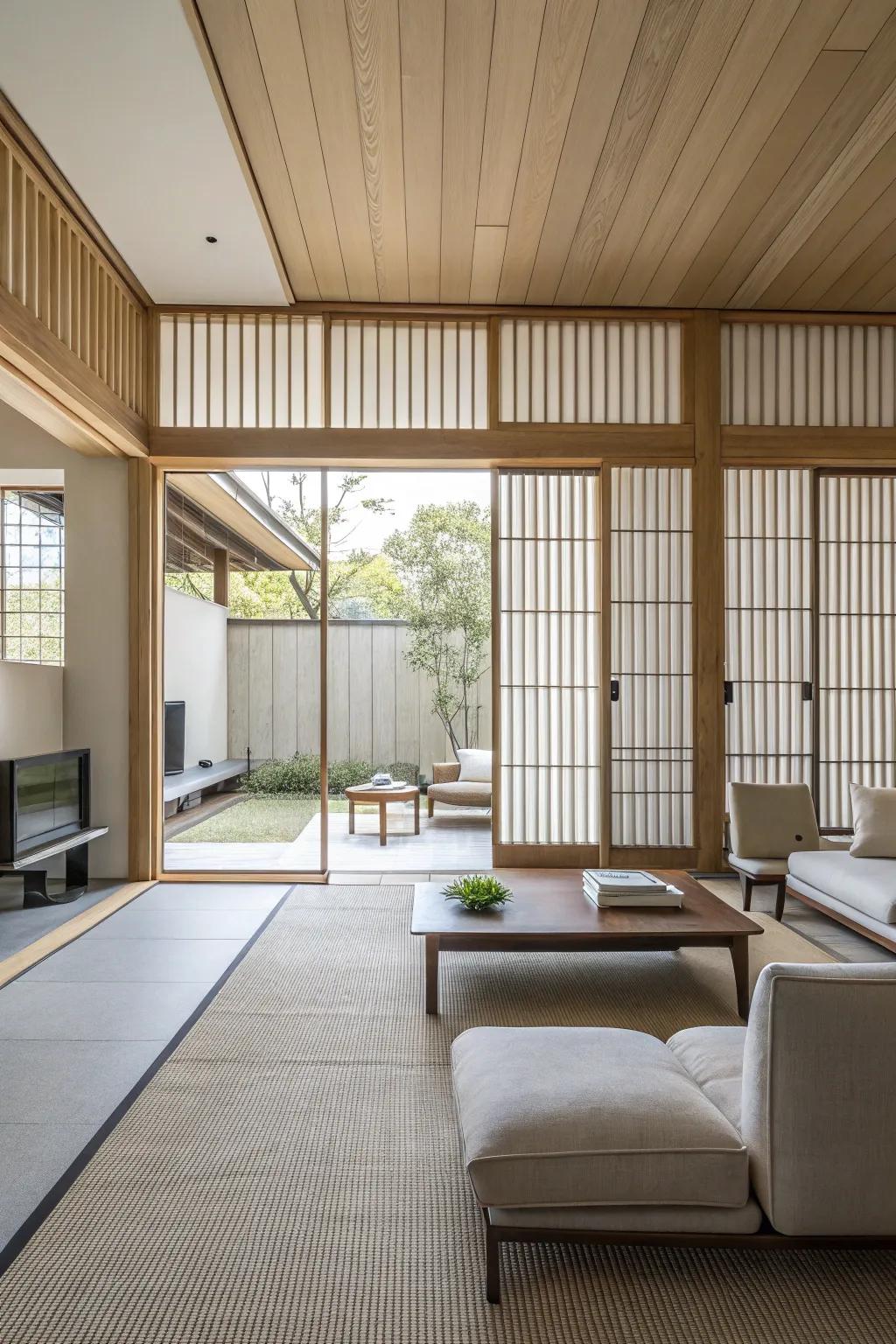 Understated living space featuring streamlined upright panels.
