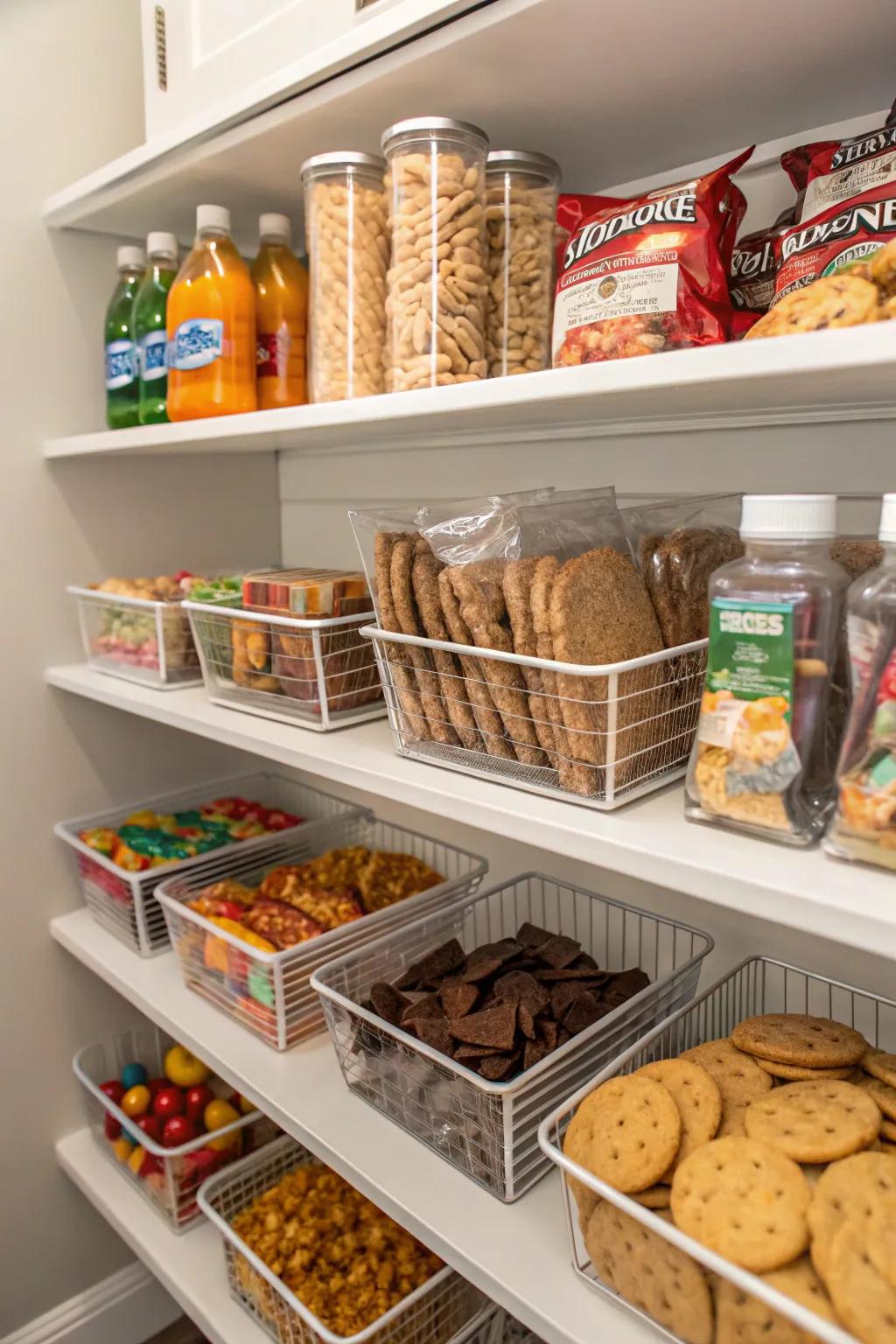 Multi-tiered shelving improves visibility and access to all your favorite snacks.