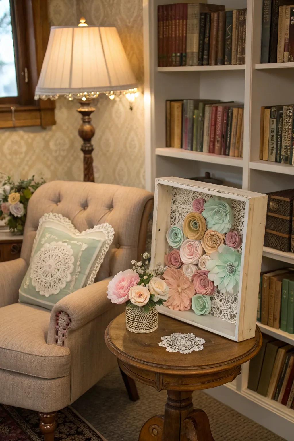 Vintage-themed shadow box provides a romantic touch to your design.