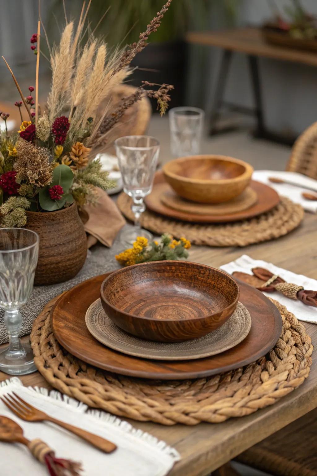 Wooden details infuse a rustic appeal into your table design.