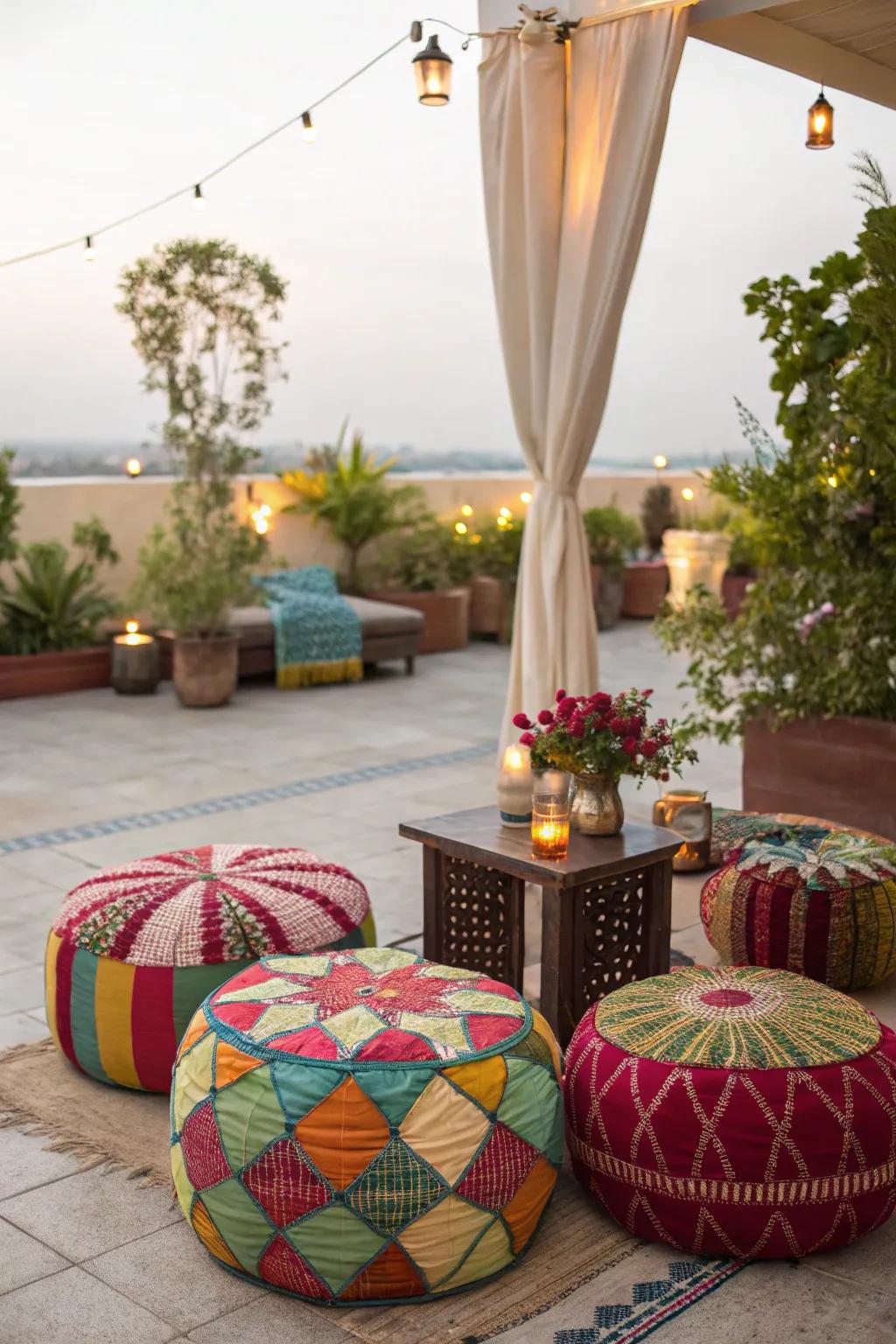 Poufs inject versatility and a splash of color into your patio arrangement.