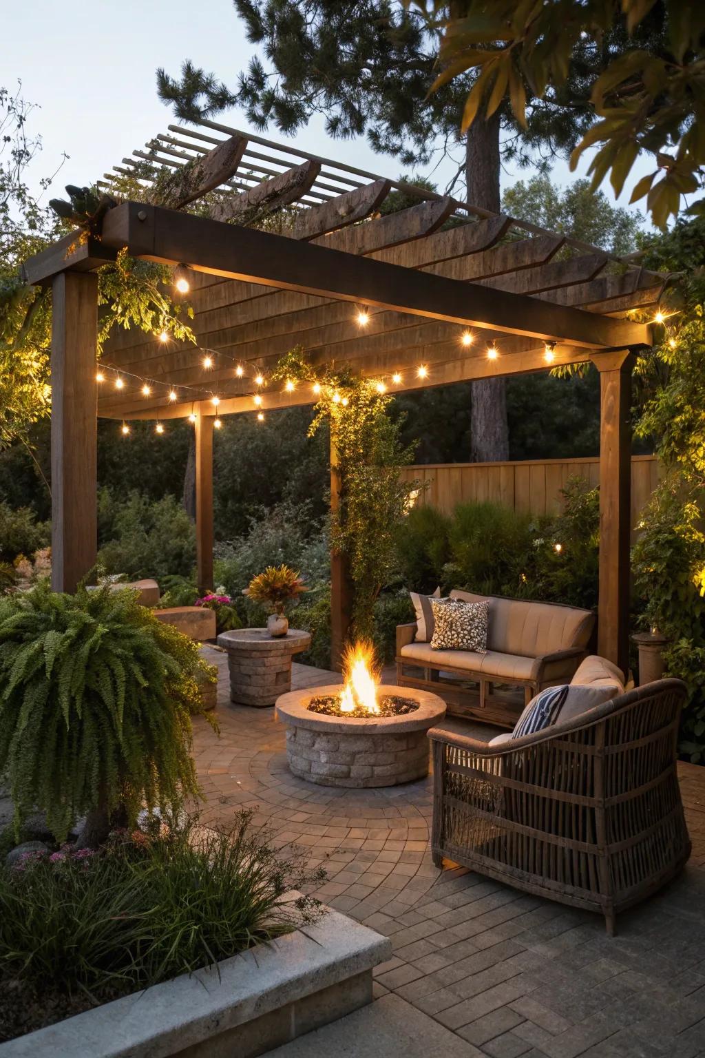 A pergola enhances both the style and practicality of your fire pit area.
