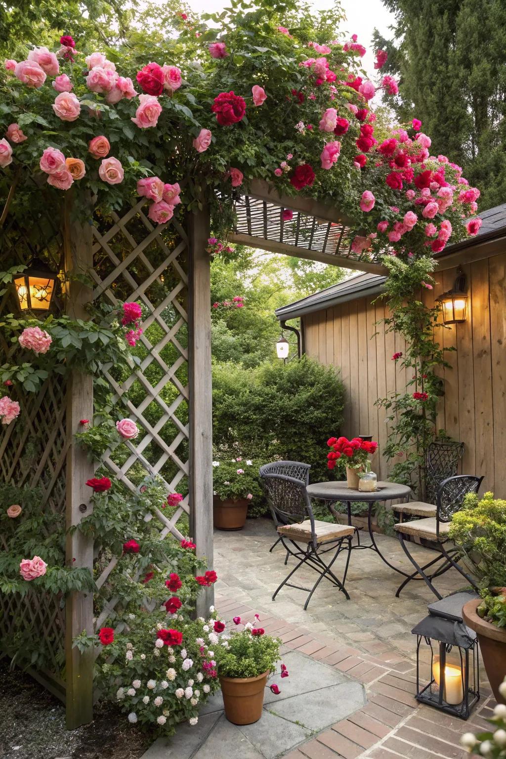 A weave frame blanketed in climbing roses introduces a rich shelter to your patio.
