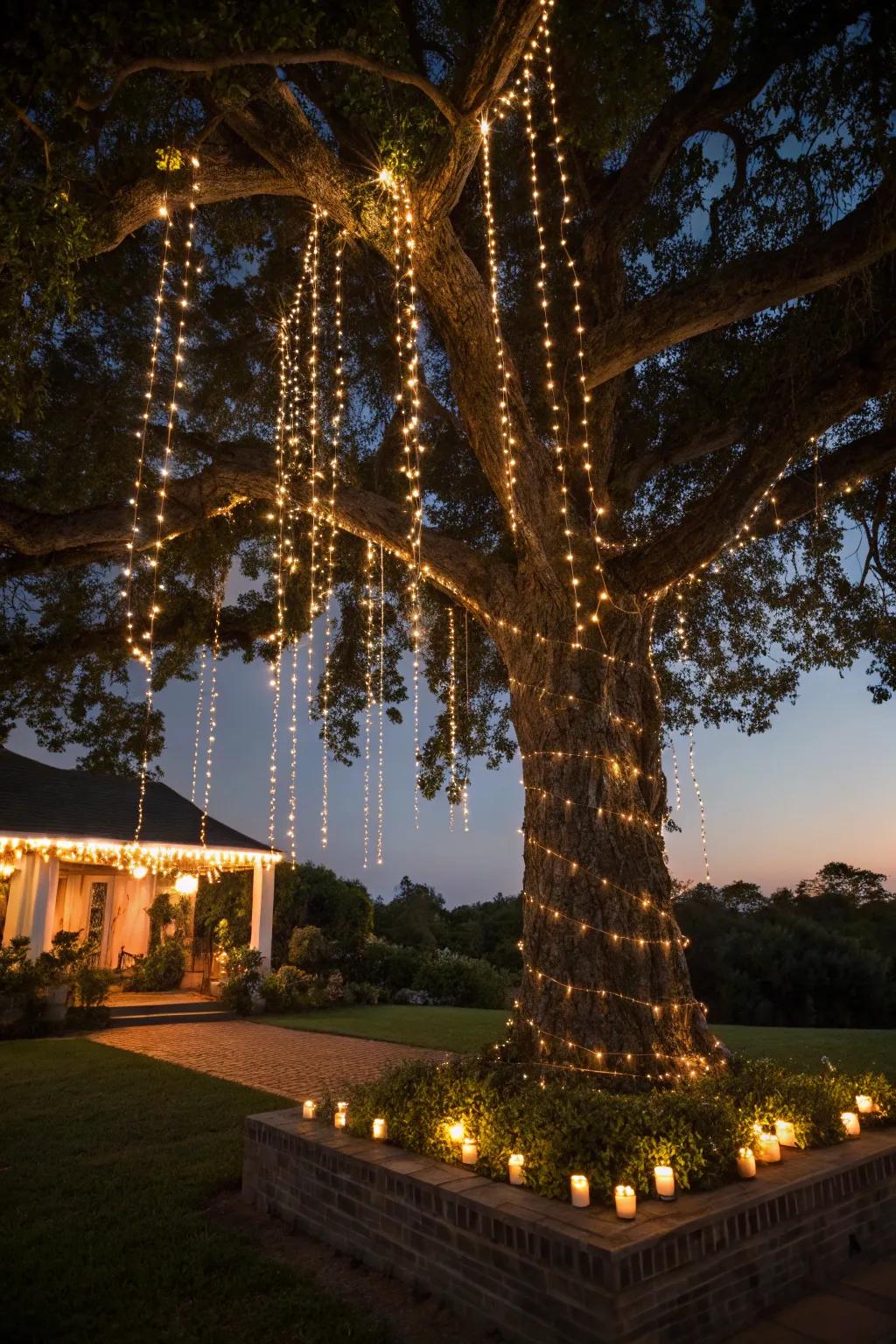 Cascading lights transform trees into enchanting features.