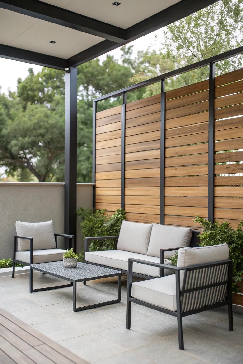 Material fusions create a contemporary ambiance with a robust privacy solution.