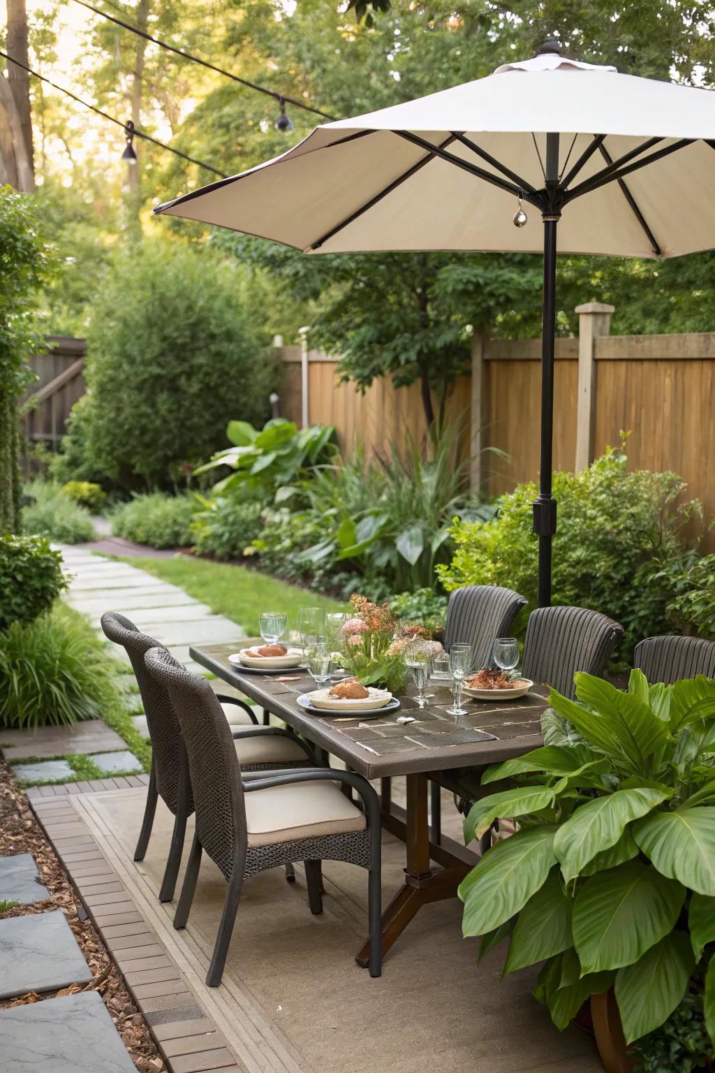 Clever integration of umbrella within outdoor furniture.