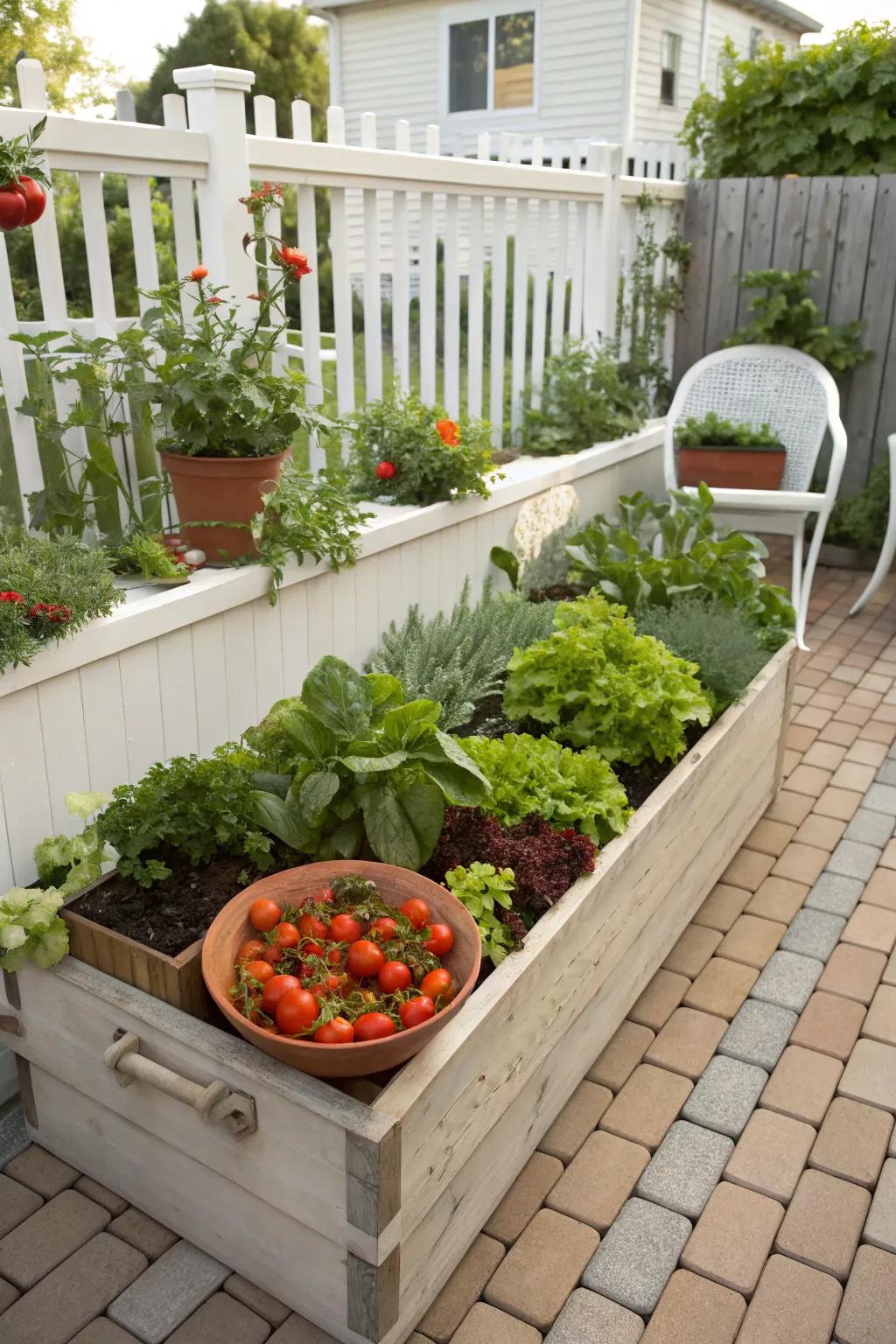 A meticulously arranged raised bed, abundant with vegetables.