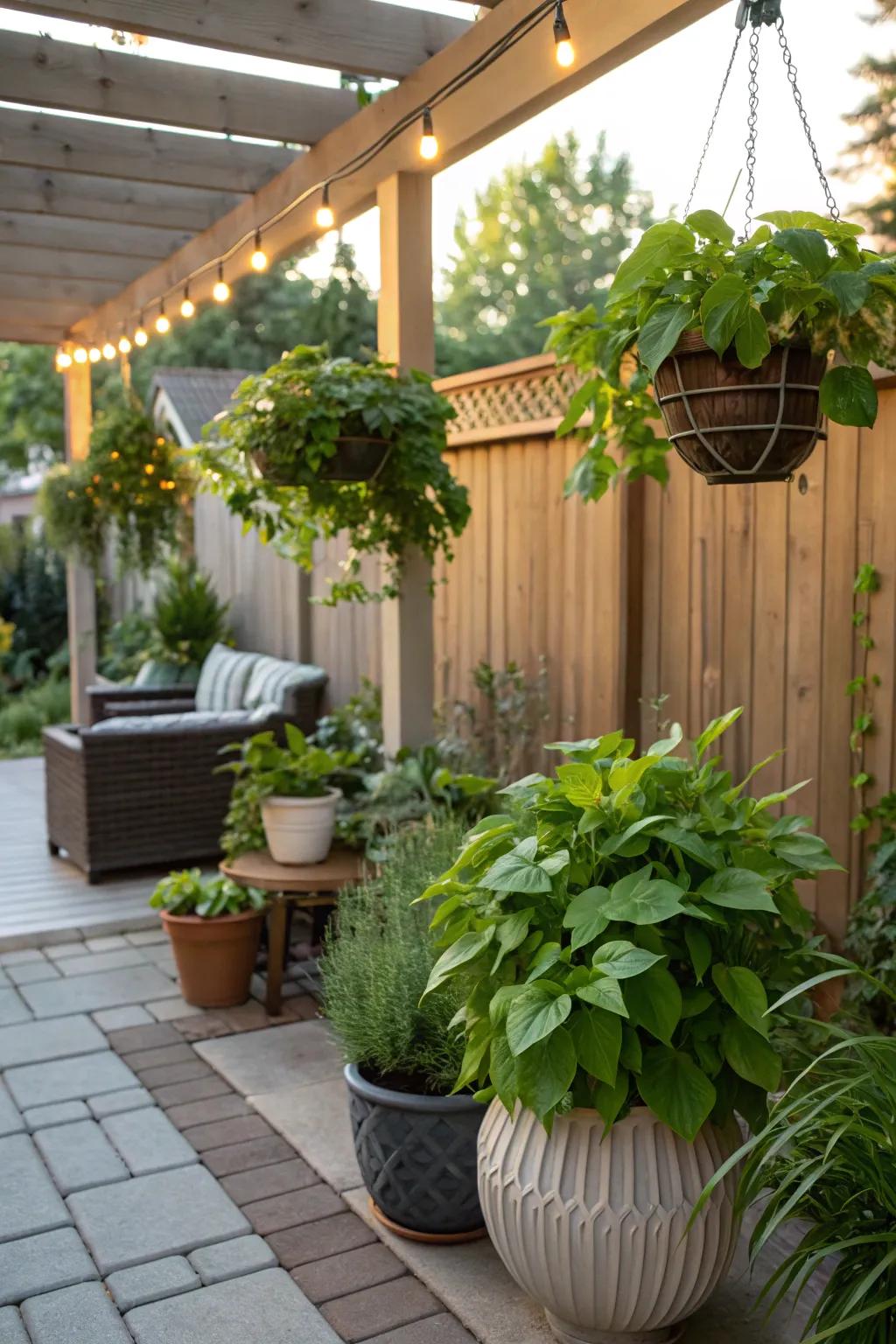 Abundant plants give the patio a vibrant and appealing ambiance.