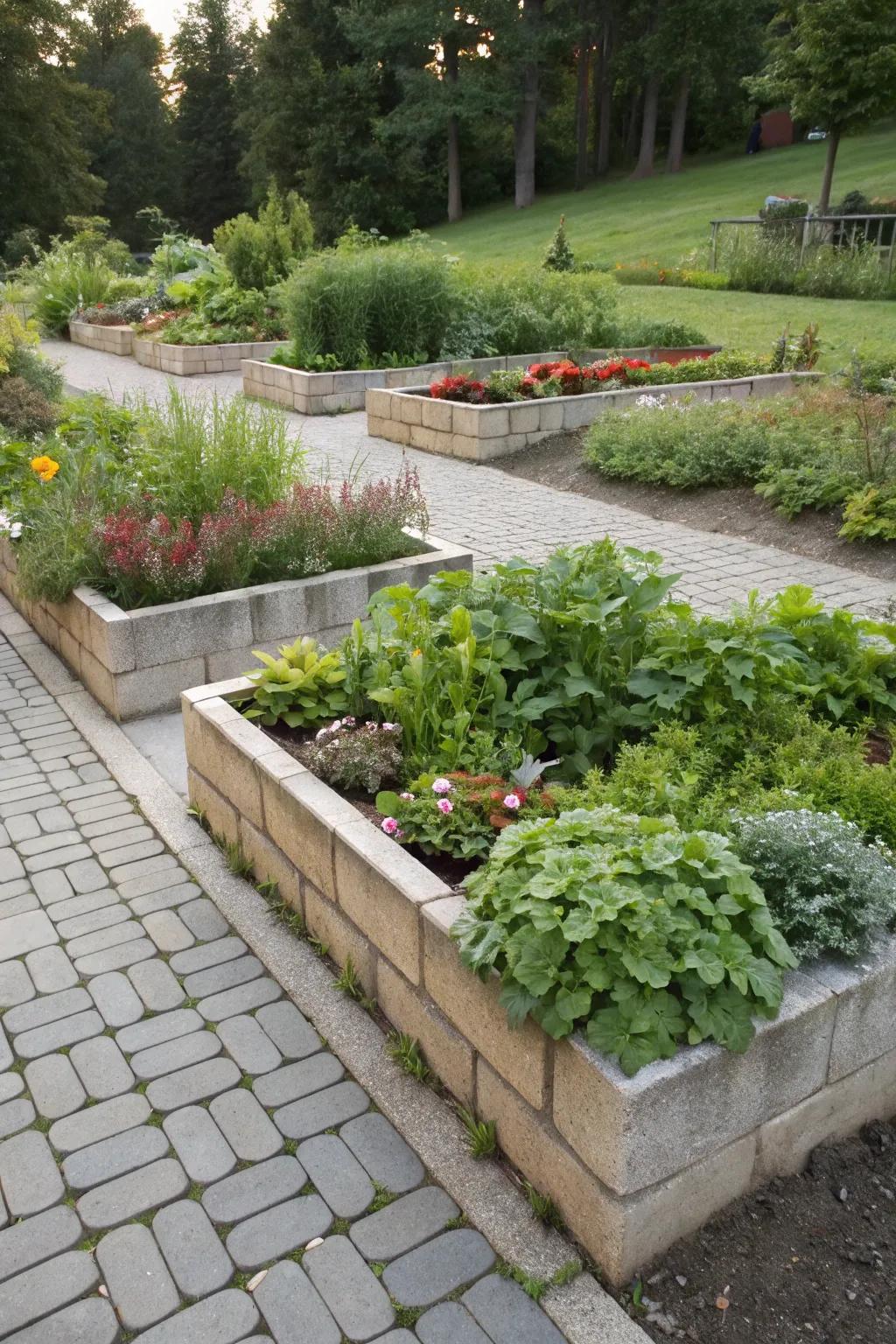 Raised paver flower beds enrich your garden design with added depth.