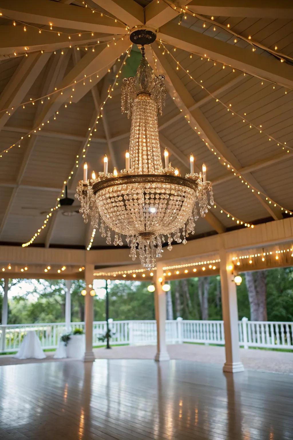 A hanging light fixture offers a touch of glamour and refinement to the pavilion.