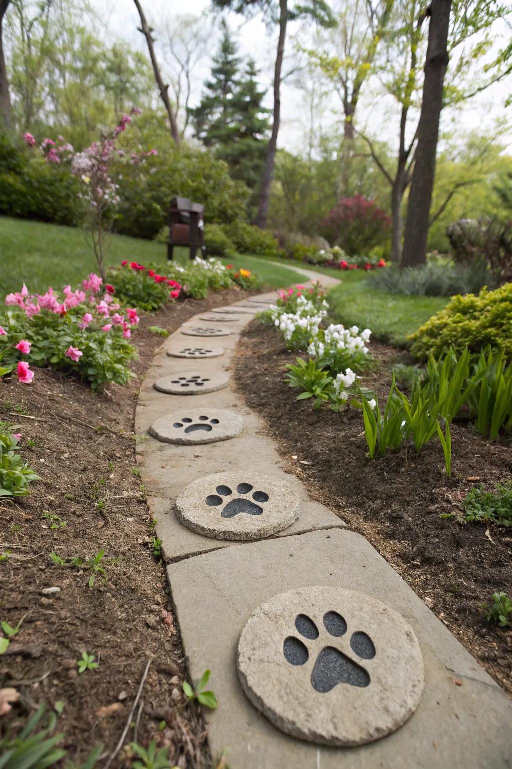 Custom paw print stepping stones in a garden walkway.