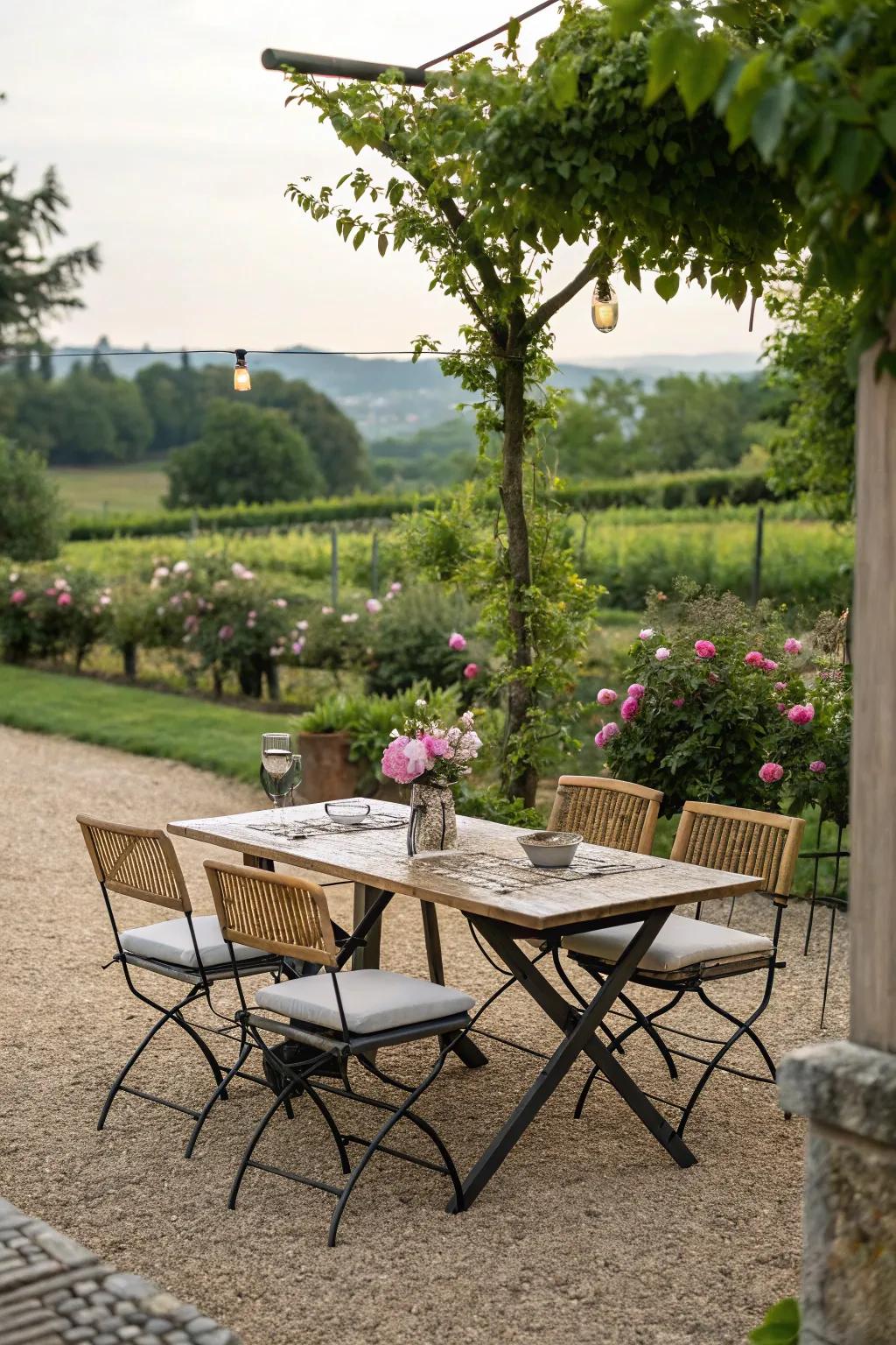 Enjoy dining under the stars in a pea gravel dining area.