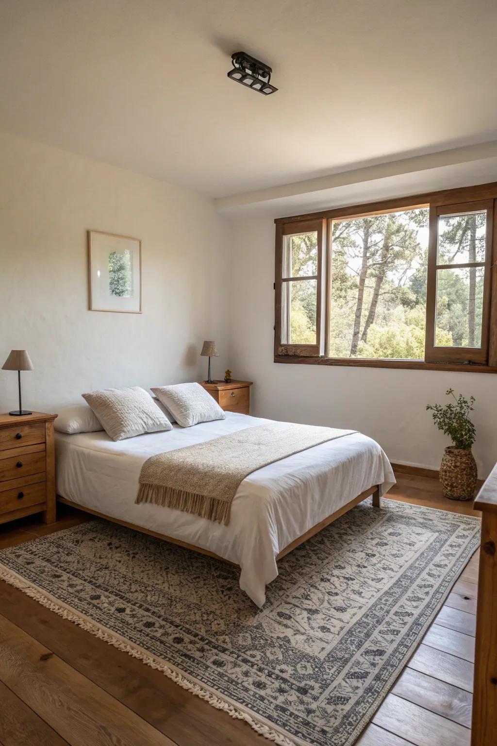 A simple bedroom with minimal decor, emphasizing open space and calm.