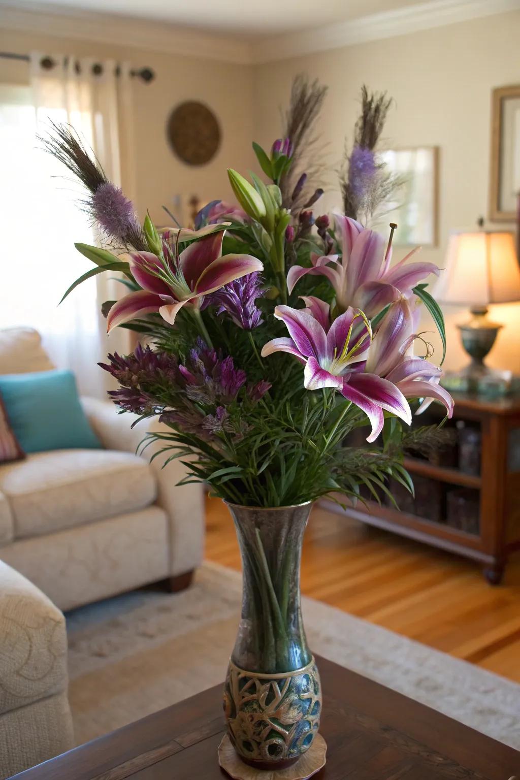 A remarkable fusion of blossoms and quills for an animated centerpiece.