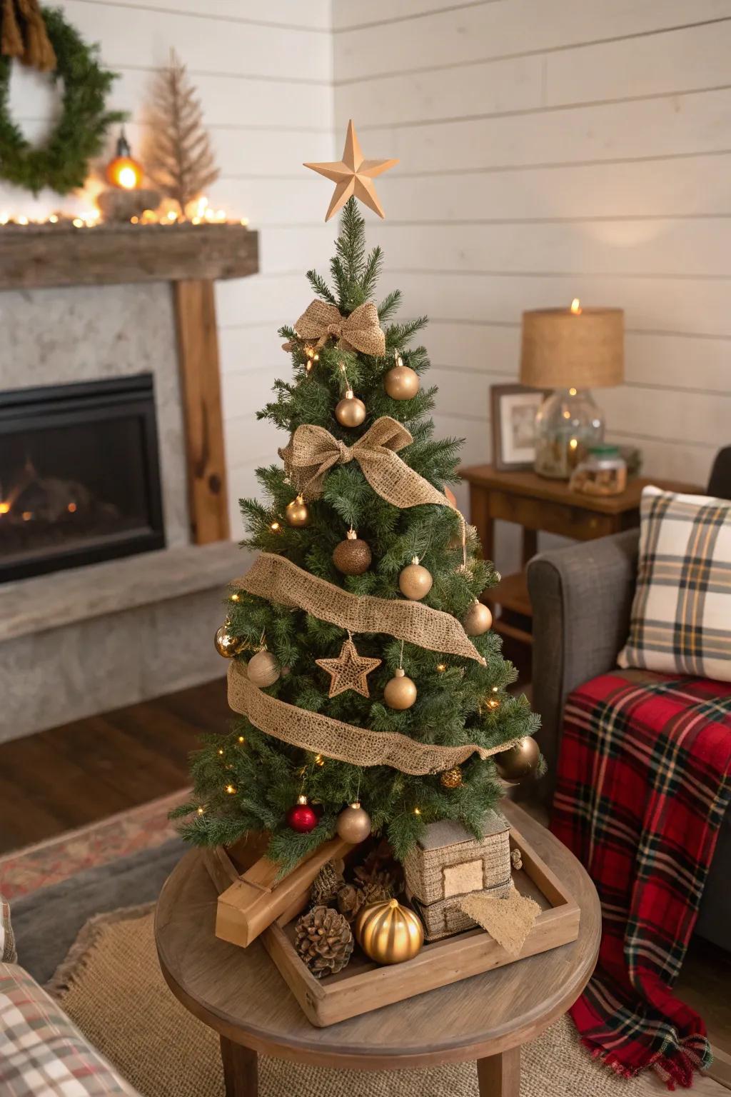 Countryside attraction using cloth-like fiber and timber-based decorations on a slender tree.