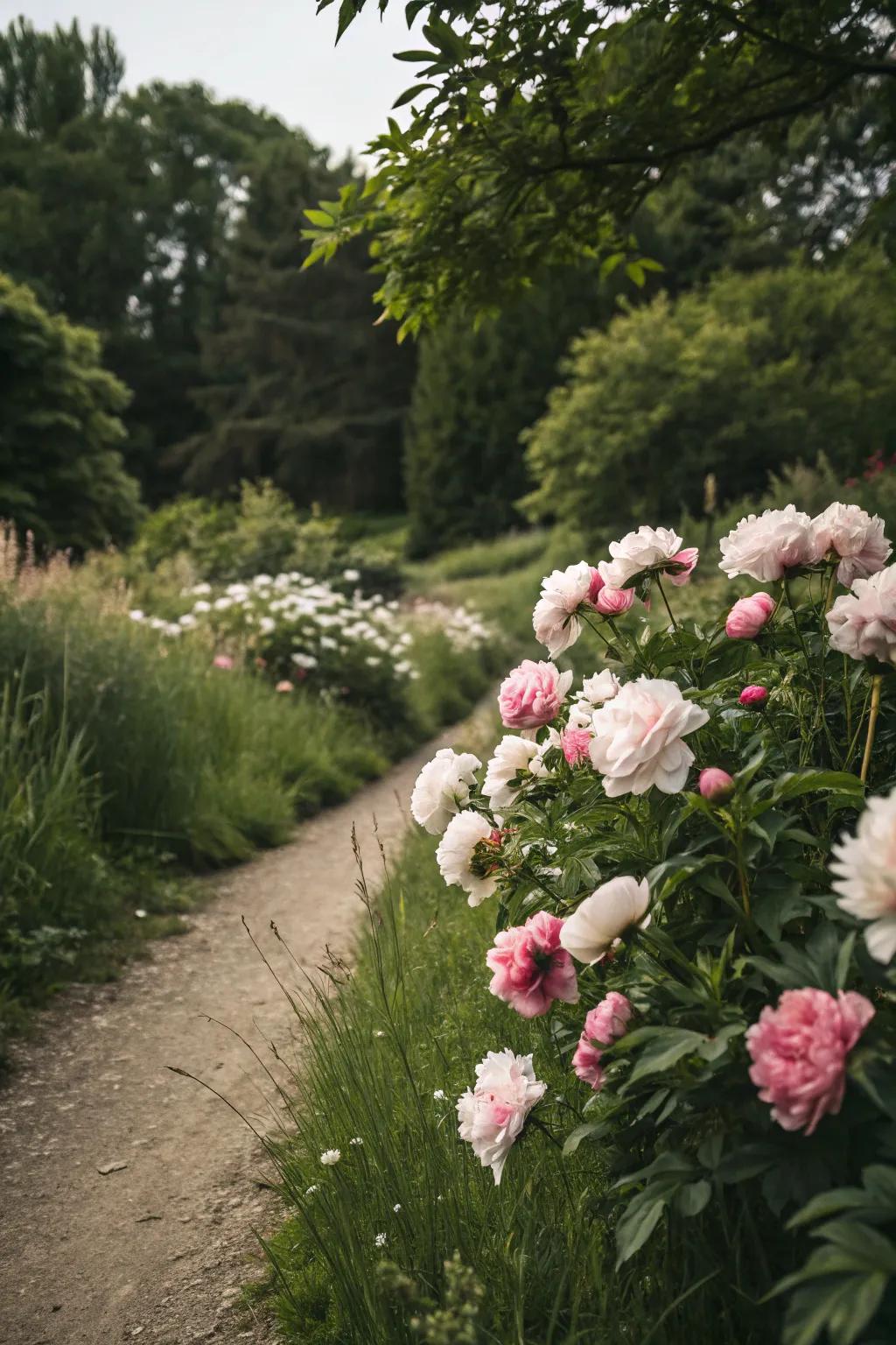 Peonies elevating a natural garden path with their elegance.