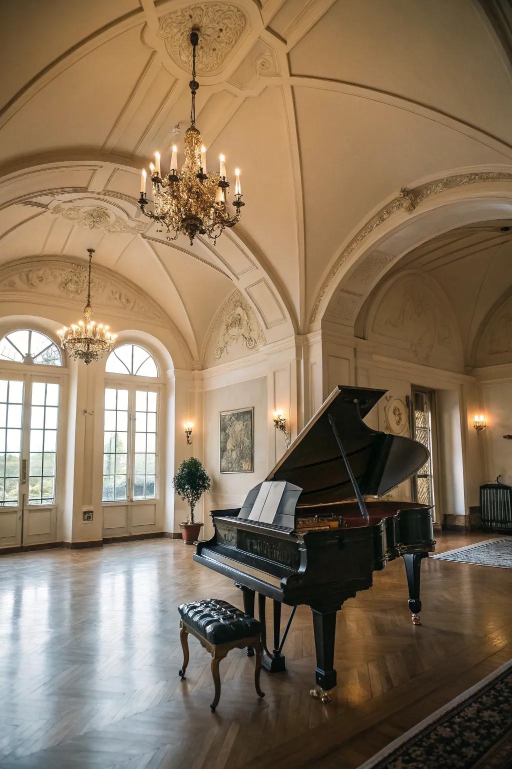 High roofs amplify magnificence and refine sound in the piano room.