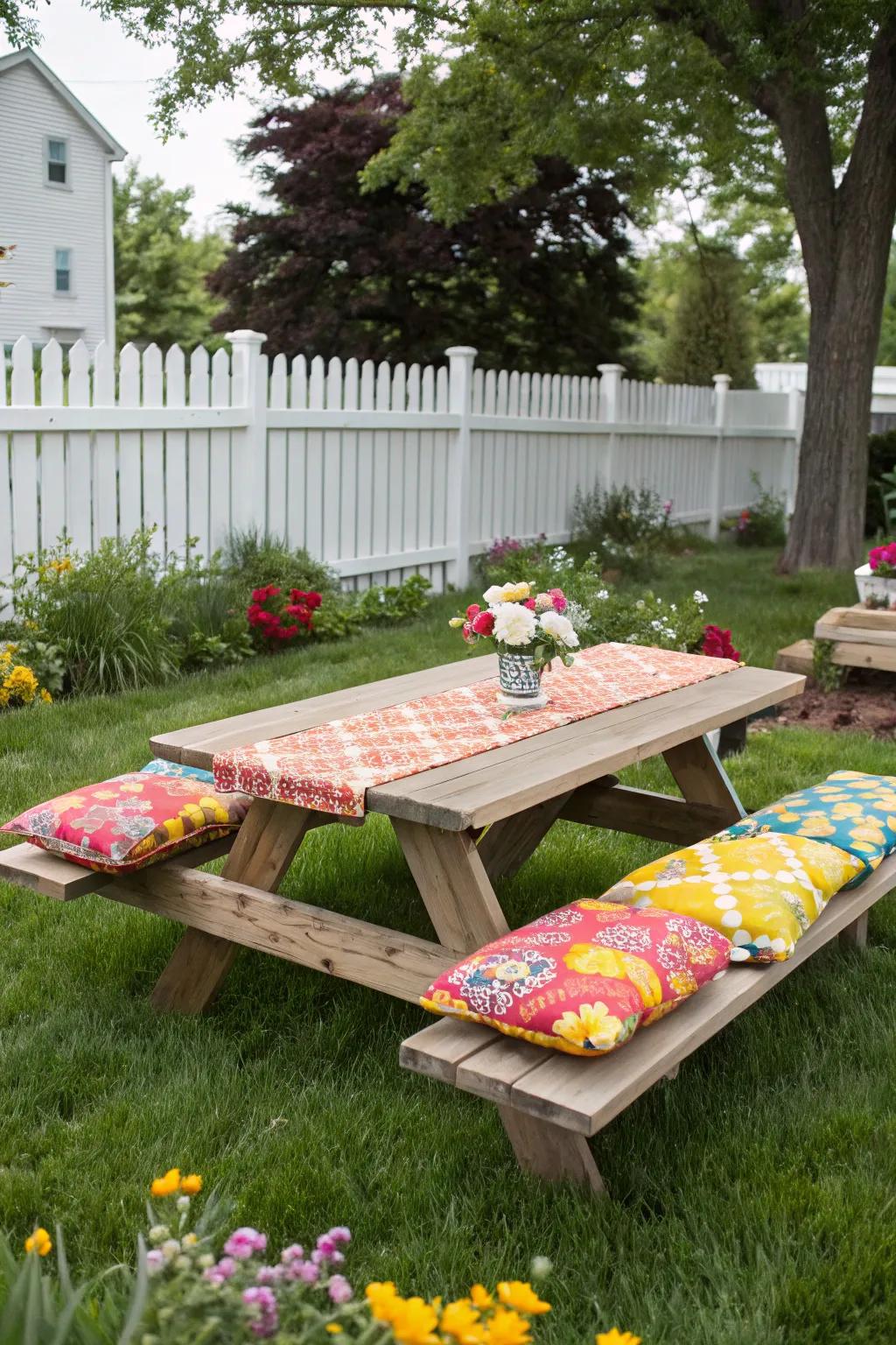 Vibrant cushions offer both comfort and flair to this picnic table arrangement.