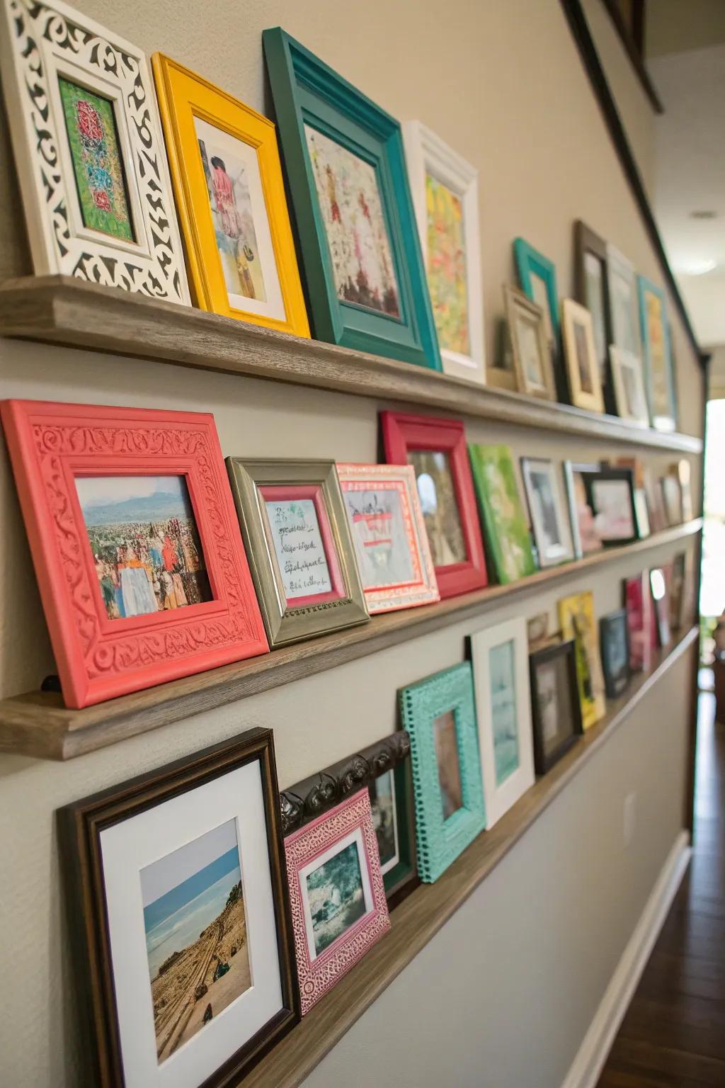 Play with frame dimensions and tones for a vibrant shelf presentation.