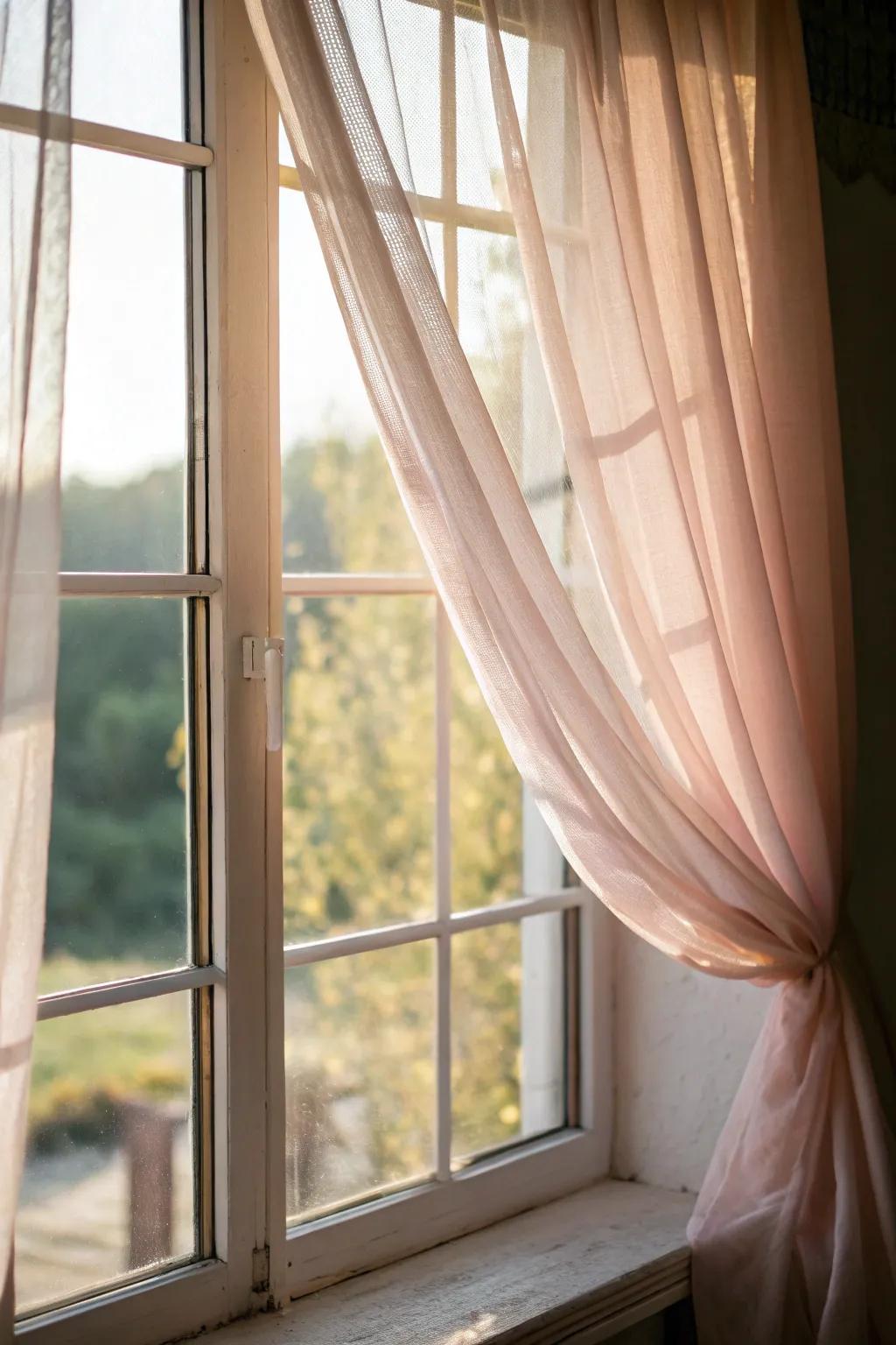 Bay window fitted with see-through coverings that create a gentle and radiant atmosphere.