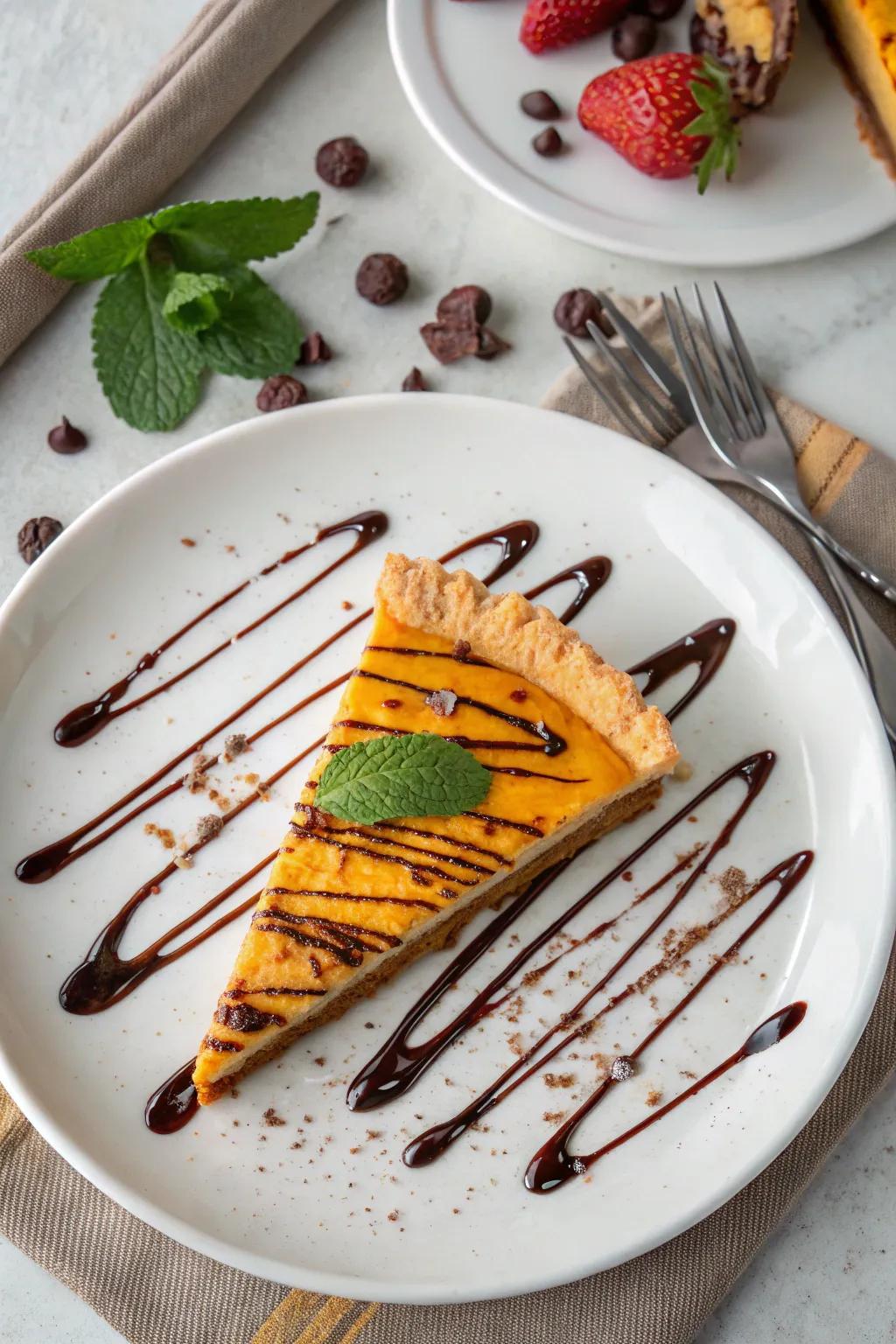 A pie slice adorned with an artistic chocolate drizzle.